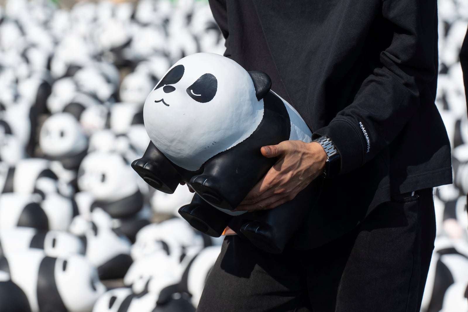 A staff member carries one of the 2500 panda sculptures displayed at the Hong Kong International Airport during the welcome ceremony of the panda-themed exhibition "Panda Go!" in Hong Kong, Monday, Dec. 2, 2024. (AP Photo/Chan Long Hei)