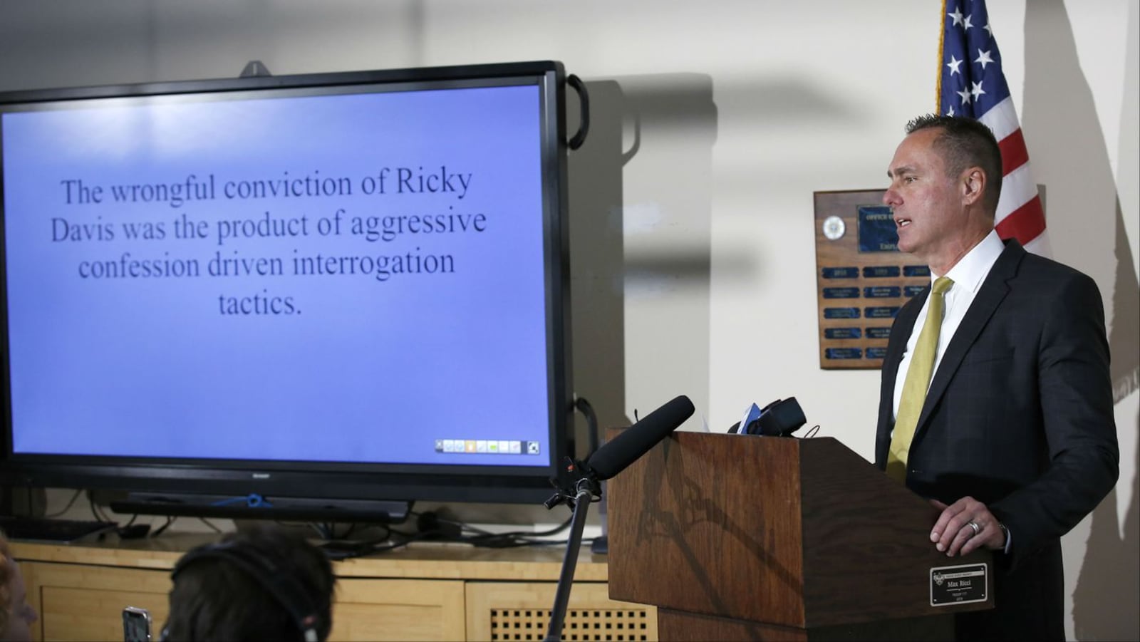 El Dorado County District Attorney Vern Pierson speaks Thursday, Feb. 13, 2020, about the exoneration of Ricky Davis, 54, in the July 1985 killing of newspaper columnist Jane Hylton. Davis spent nearly 15 years in a California prison after being wrongly convicted of the crime in 2005.