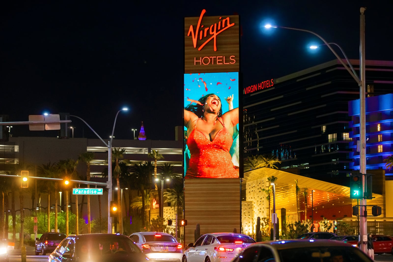 FILE - Virgin Hotels Las Vegas is illuminated on Wednesday, March 24, 2021, in Las Vegas. (Benjamin Hager/Las Vegas Review-Journal via AP, File)