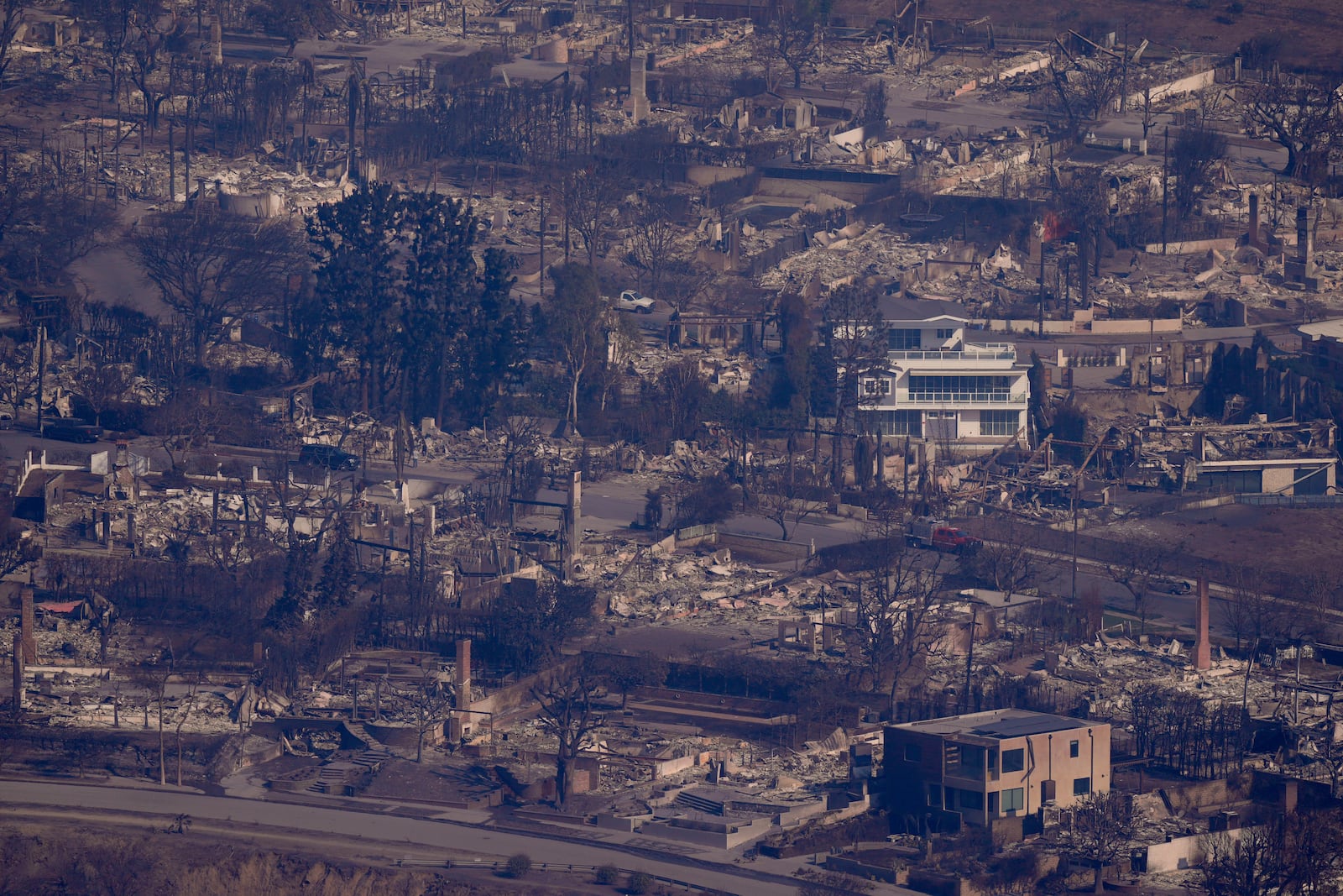 The devastation from the Palisades Fire is seen from the air in the Pacific Palisades neighborhood of Los Angeles, Thursday, Jan. 9, 2025. (AP Photo/Mark J. Terrill)