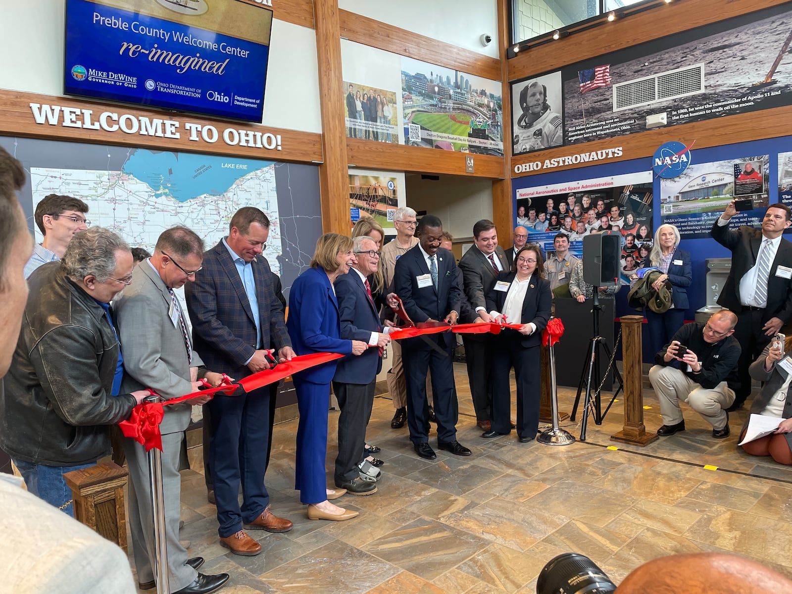 Ohio Governor Mike DeWine, First Lady Fran DeWine, Ohio Department of Transportation director Jack Marchbanks, and Ohio Department of Development director Lydia Mihalik unveiled the re-imagined Welcome Center on I-70 eastbound in Preble County and announced the plan to replace 33 rest area buildings over the next four years. SAMANTHA WILDOW\STAFF