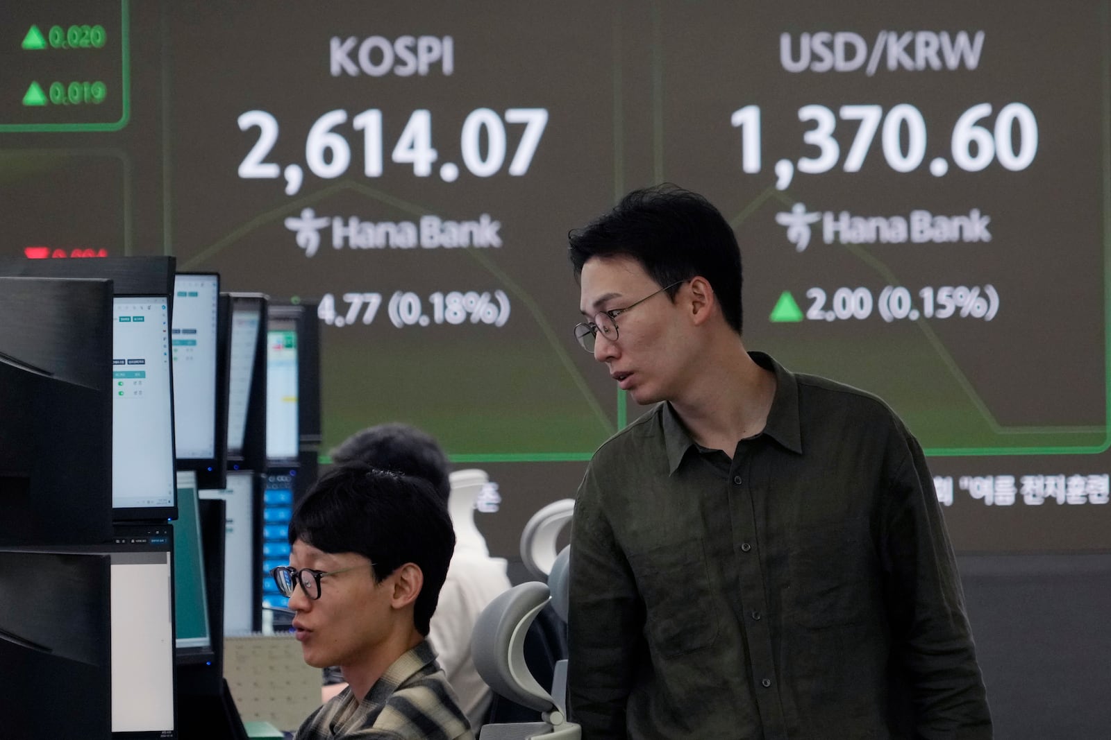 Currency traders watch monitors near a screen showing the Korea Composite Stock Price Index (KOSPI), left, and the foreign exchange rate between U.S. dollar and South Korean won at the foreign exchange dealing room of the KEB Hana Bank headquarters in Seoul, South Korea, Friday, Oct. 18, 2024. (AP Photo/Ahn Young-joon)