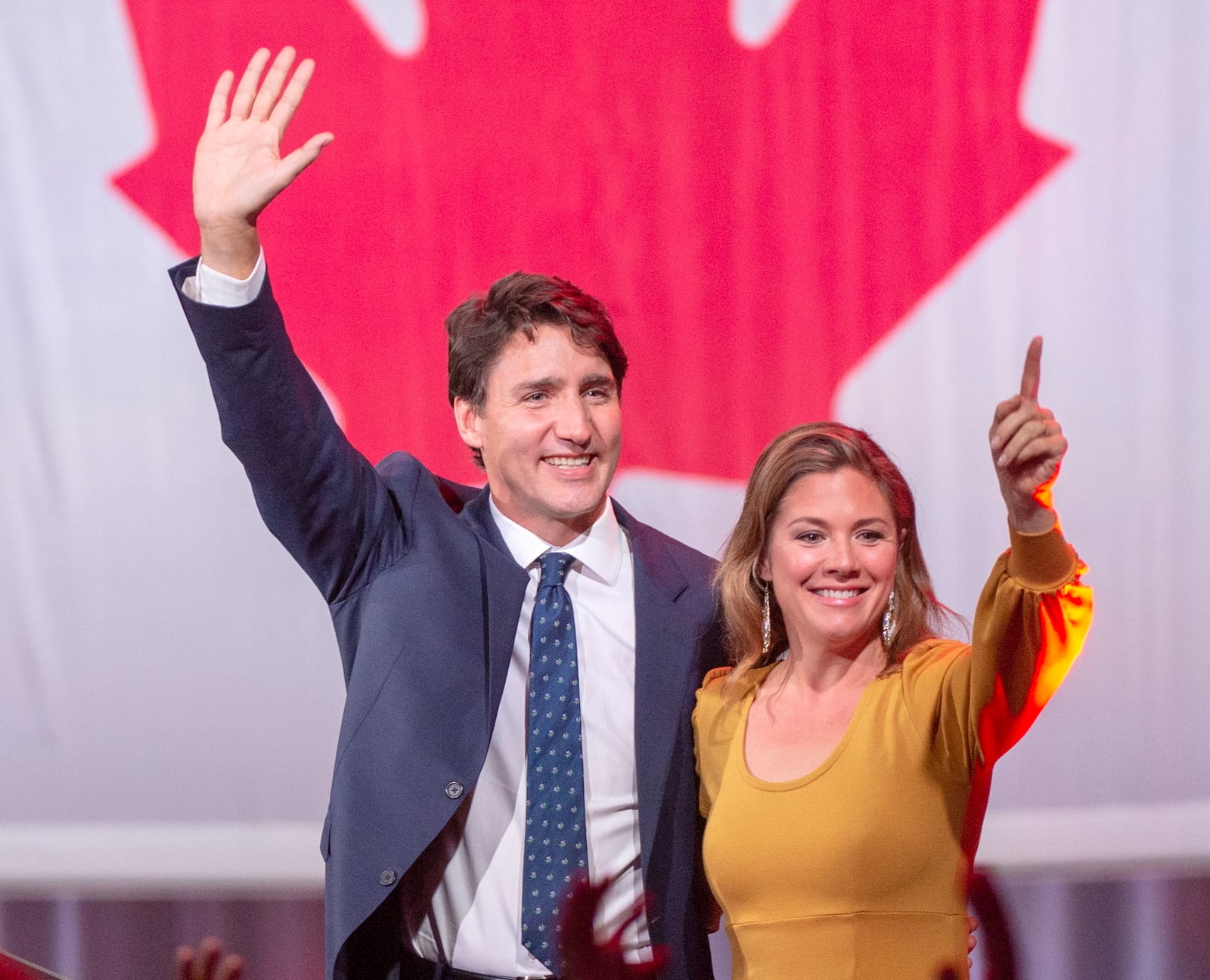 FILE - Liberal leader Justin Trudeau celebrates with his wife, Sophie Gregoire, after winning a minority government at the election night headquarters on Oct. 22, 2019, in Montreal. (Ryan Remiorz/The Canadian Press via AP, File)