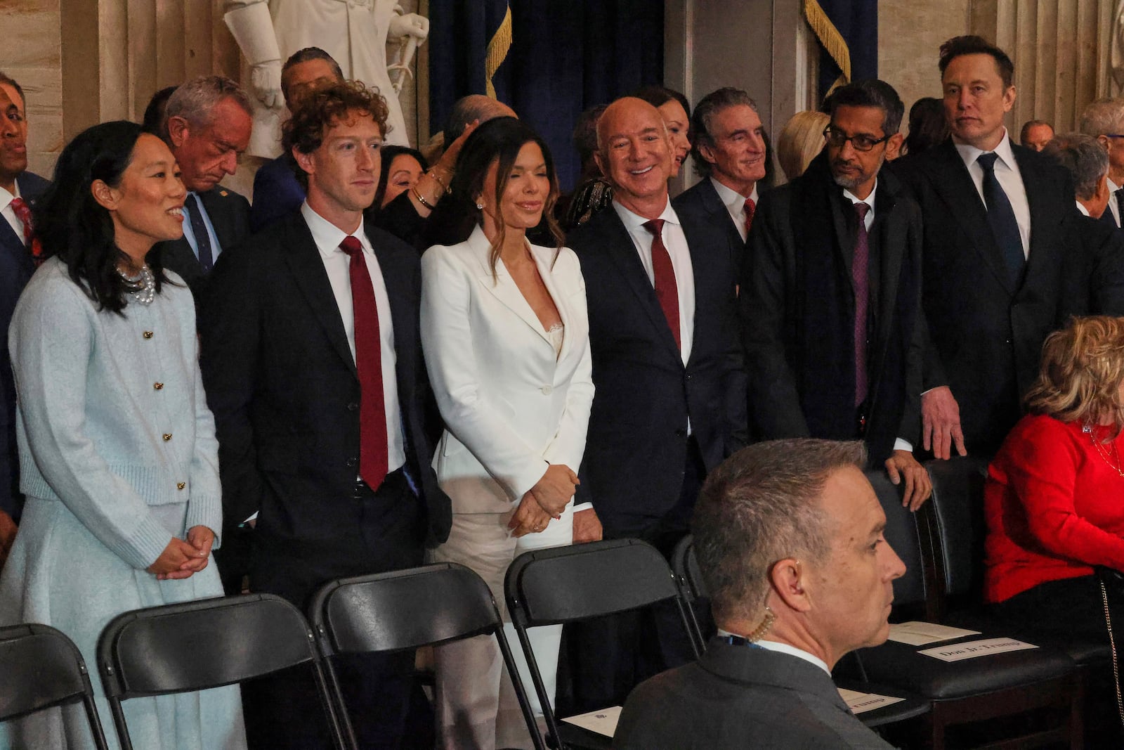 From left, Priscilla Chan, Mark Zuckerberg, Lauren Sanchez, Jeff Bezos, Google CEO Sundar Pichai and Elon Musk at the 60th Presidential Inauguration in the Rotunda of the U.S. Capitol in Washington, Monday, Jan. 20, 2025. (Chip Somodevilla/Pool Photo via AP)