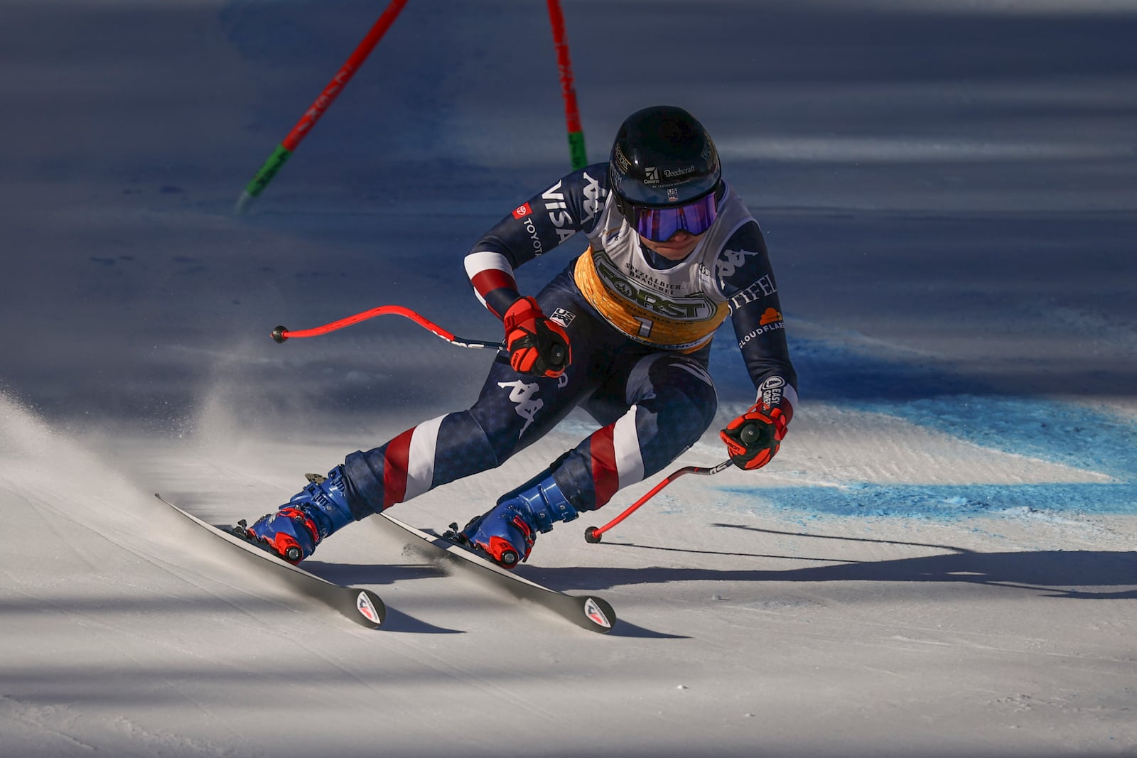 United States' Jacqueline Wiles speeds down the course during an alpine ski, women's World Cup downhill, in Cortina d'Ampezzo, Italy, Saturday, Jan. 18, 2025 (AP Photo/Marco Trovati)