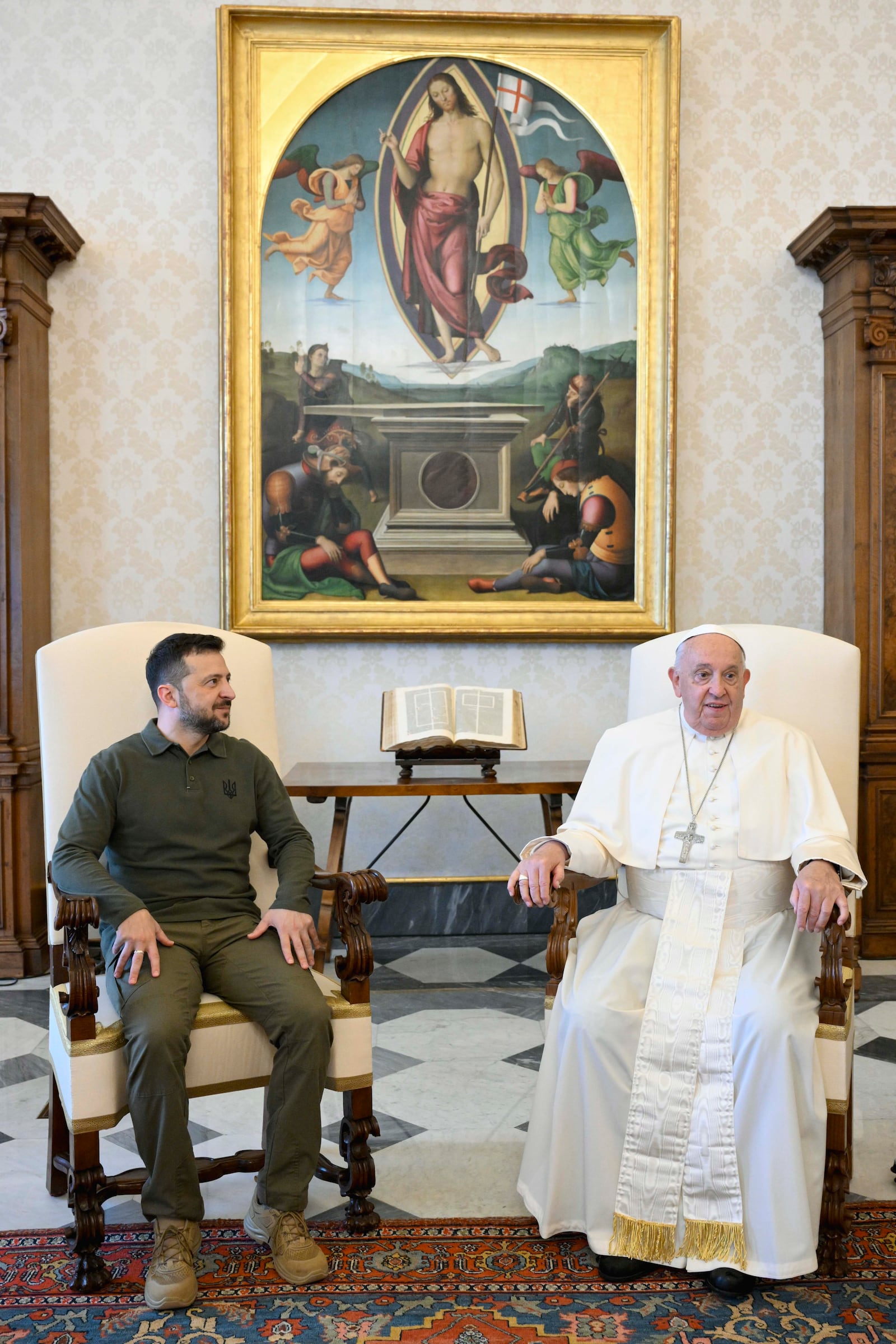 Ukraine's President Volodymyr Zelenskyy, left, arrives for a private audience with Pope Francis at The Vatican, Friday, Oct. 11, 2024. (Vatican Media via AP)