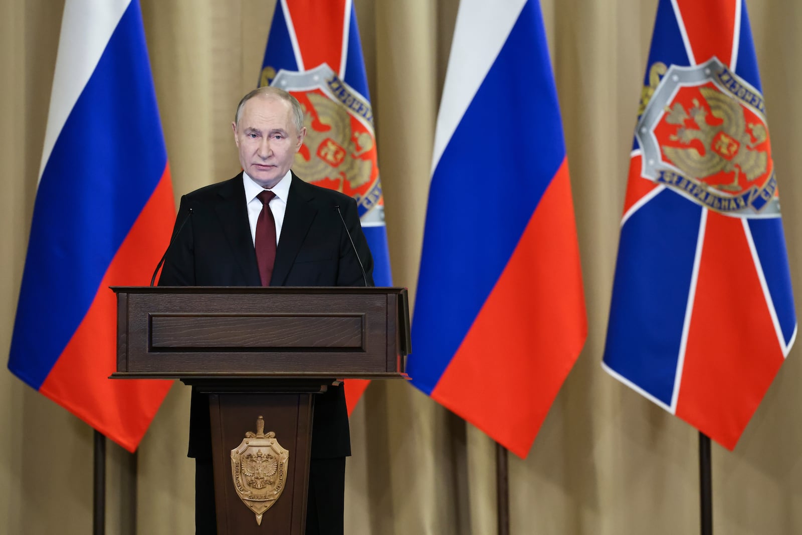 Russian President Vladimir Putin delivers his speech during a meeting of the Federal Security Service (FSB) board, in Moscow, Russia, on Thursday, Feb. 27, 2025. (Alexander Kazakov, Sputnik, Kremlin Pool Photo via AP)