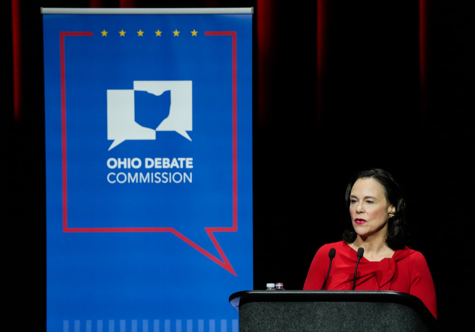 Mar 28, 2022; Wilberforce, Ohio, USA; U.S. Senate Republican candidate Jane Timken gives a response during Ohio’s U.S. Senate Republican Primary Debate at Central State University. Mandatory Credit: Joshua A. Bickel/Ohio Debate Commission