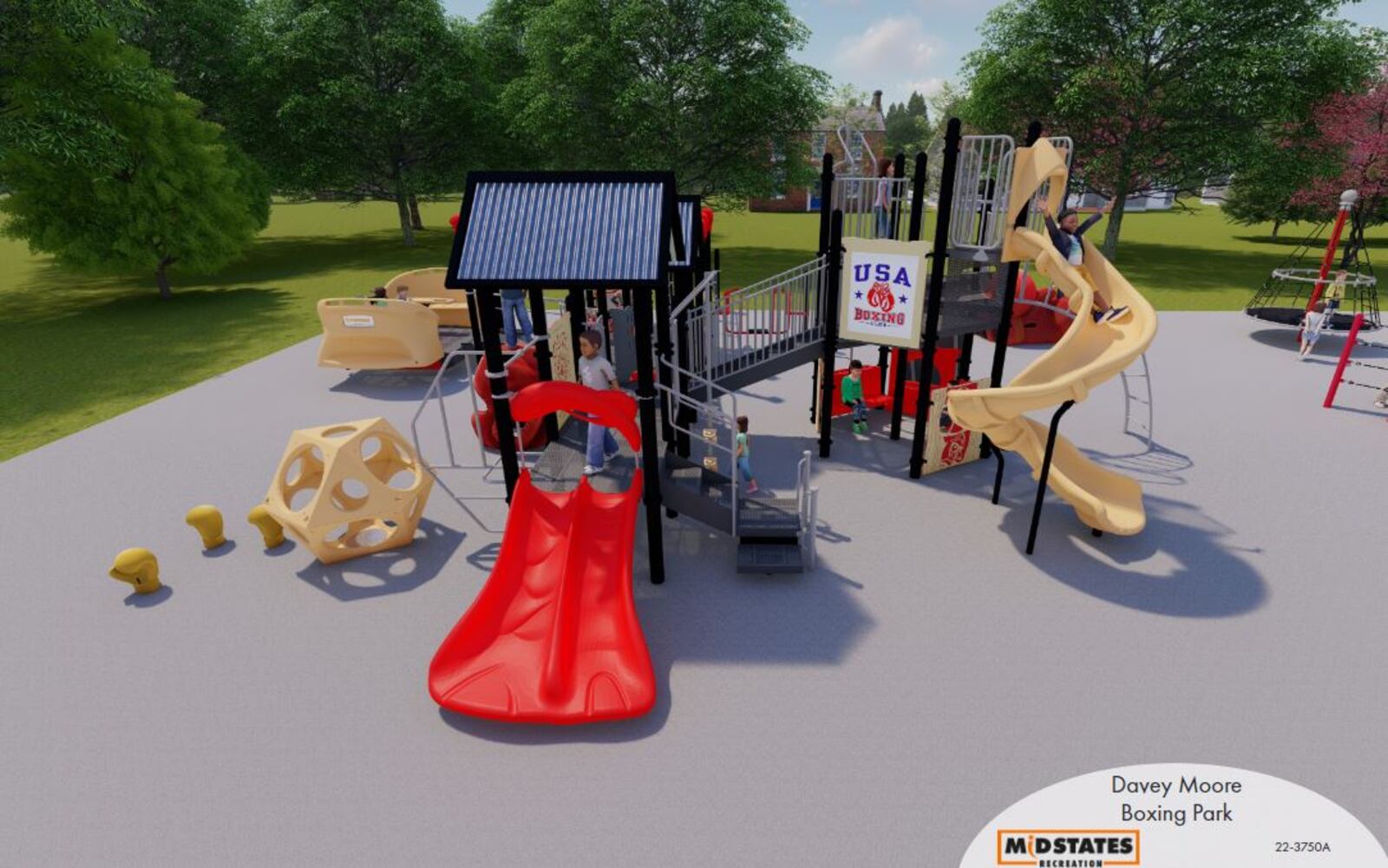 National Trail Parks and Recreation District and city of Springfield officials plan to spend about $450,000 on a boxing themed accessible playground at Davey Moore Park, shown here in artist renditions. Moore was a champion boxer from Springfield who died after a fight. CONTRIBUTED