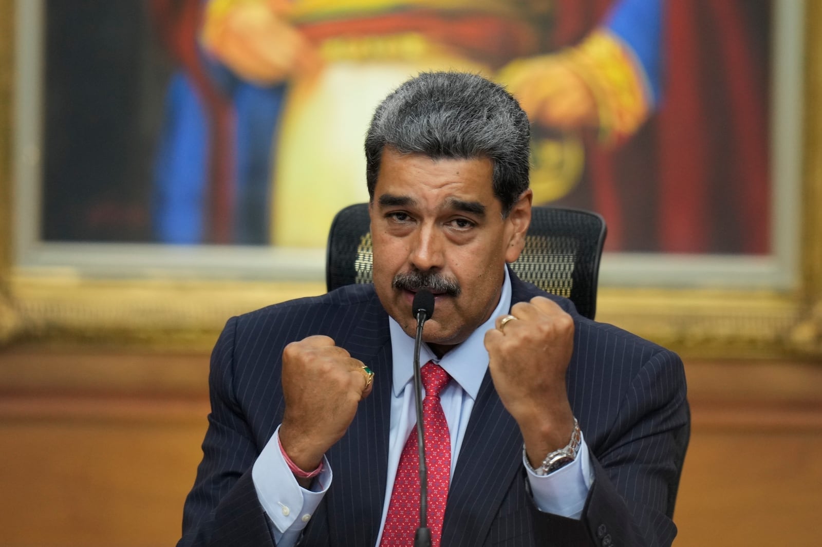 FILE - Venezuelan President Nicolas Maduro gestures during a news conference at Miraflores presidential palace in Caracas, Venezuela, July 31, 2024, three days after his disputed reelection. (AP Photo/Matias Delacroix, File)