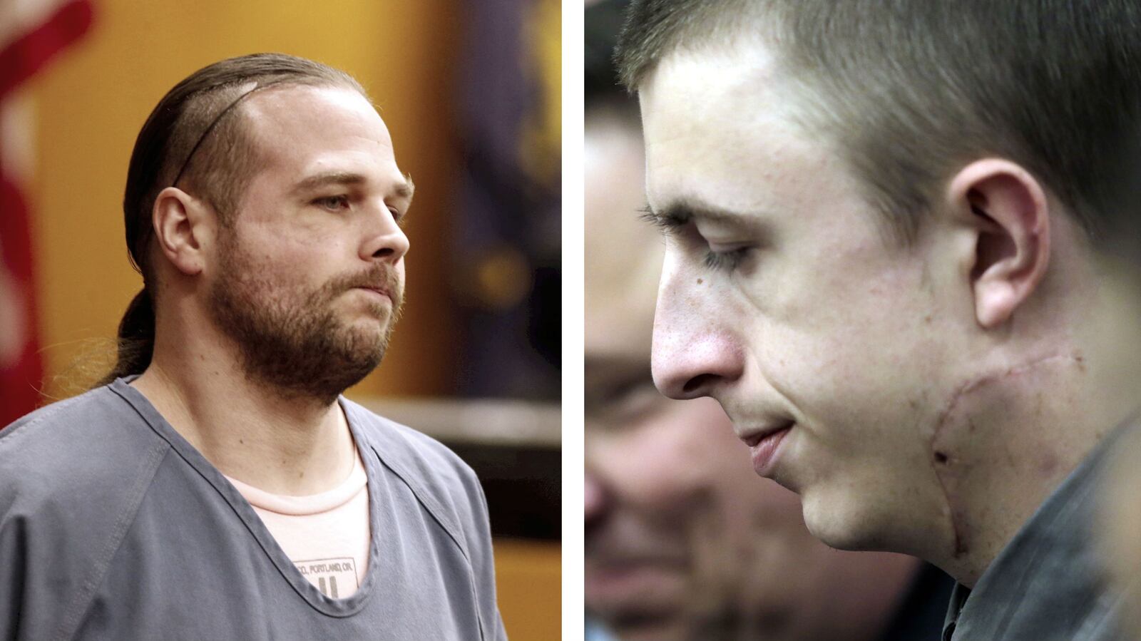 At left, Jeremy Christian makes a court appearance in November 2017 in connection with the fatal stabbings of Taliesin Namkai-Meche and Ricky Best that May on a Portland MAX train. At right, his sole surviving victim, Micah Fletcher, 21, is seen in court the month after the stabbings. Christian, 37, was convicted Friday, Feb. 21, 2020, of murder and multiple hate crimes in the attack. (The Oregonian via AP)