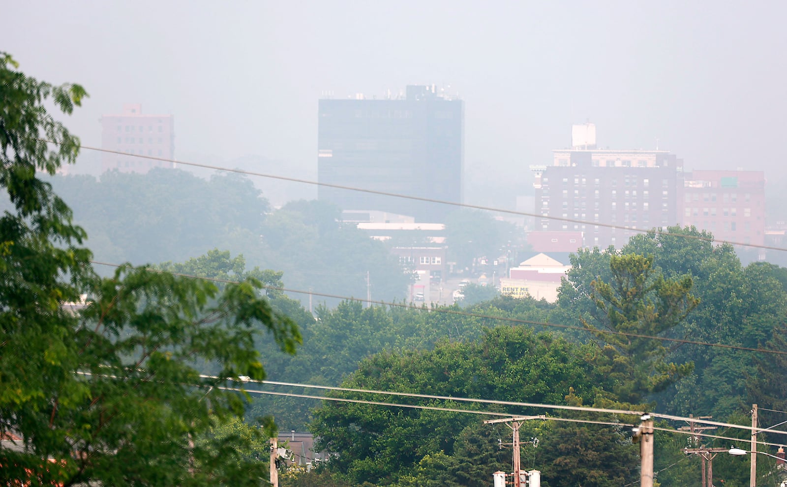 Downtown Springfield is shrouded in smoke from the Canadian forest fires Wednesday, June 28, 2023. 