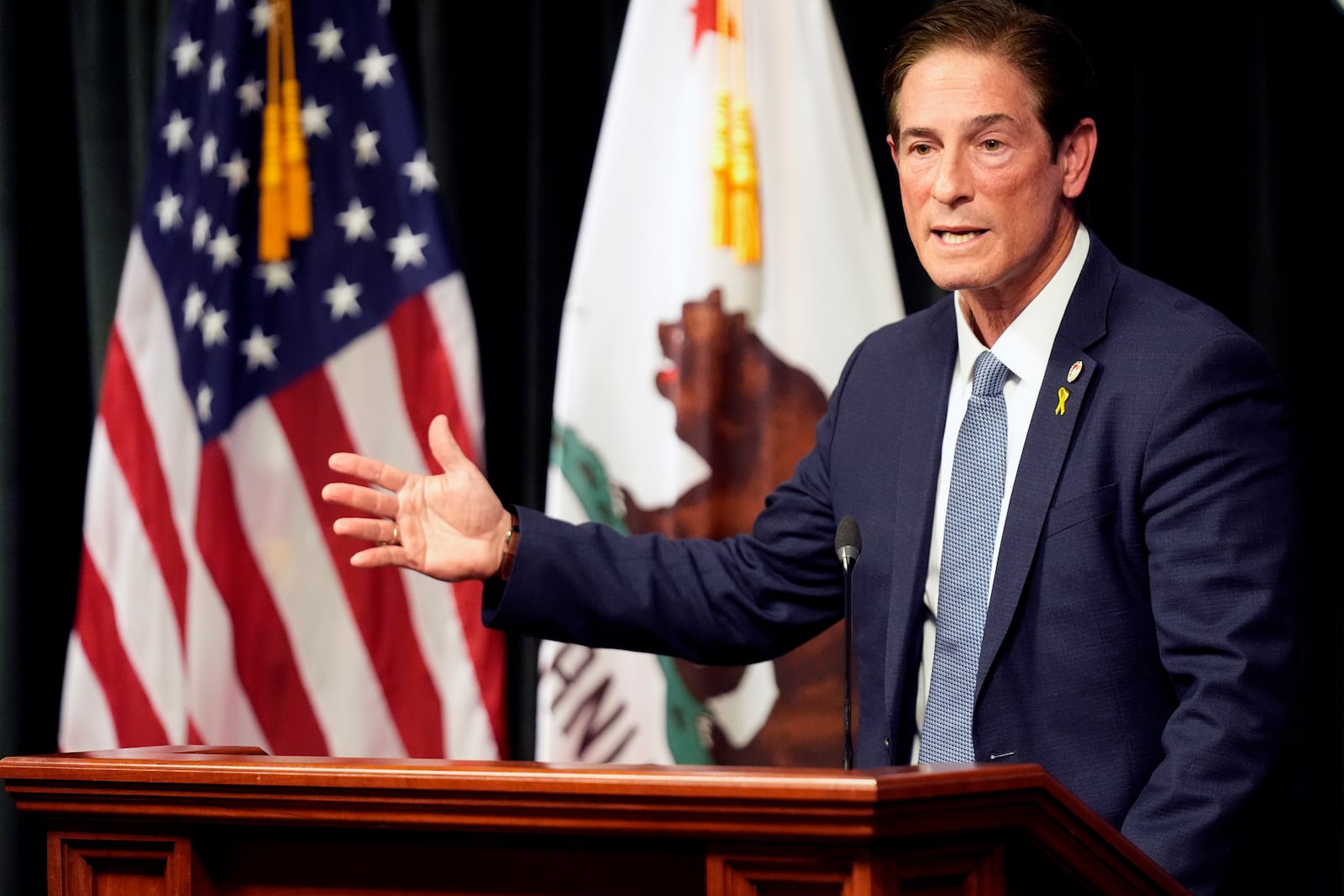 Los Angeles County District Attorney Nathan Hochman talks about the resentencing of Erik and Lyle Menendez for the murders of their parents decades ago during a news conference in downtown Los Angeles, Friday, Jan. 3, 2025. (AP Photo/Damian Dovarganes)