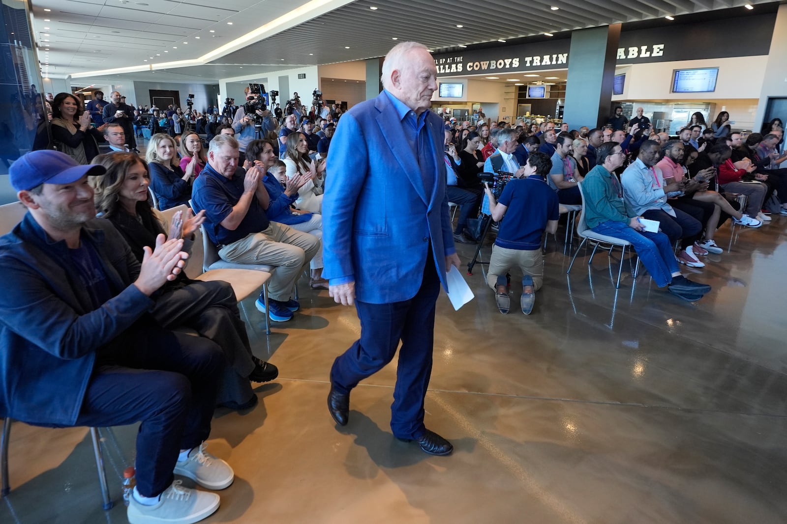 Dallas Cowboys owner Jerry Jones walks to speak at an NFL football press conference where offensive lineman Zach Martin announced his retirement, Wednesday, March 5, 2025, at the team's headquarter in Frisco, Texas,. (AP Photo/LM Otero)