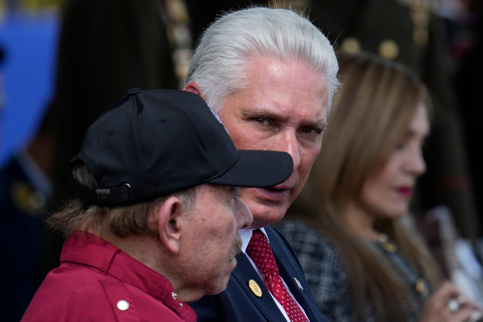 Cuba's Miguel Diaz-Canel, right, and Nicaragua's President Daniel Ortega attend the swearing-in ceremony of Venezuelan President Nicolas Maduro for a third term in Caracas, Venezuela, Friday, Jan. 10, 2025. (AP Photo/Ariana Cubillos)