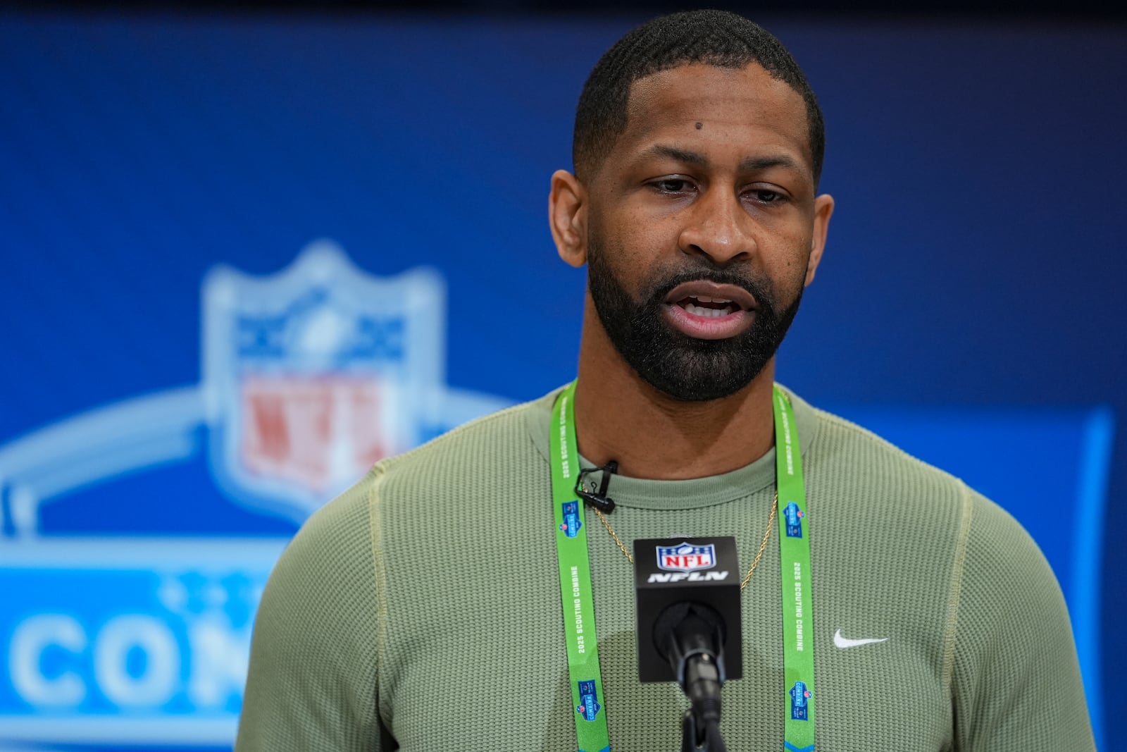 Cleveland Browns general manager Andrew Berry speaks during a press conference at the NFL football scouting combine in Indianapolis, Tuesday, Feb. 25, 2025. (AP Photo/Michael Conroy)