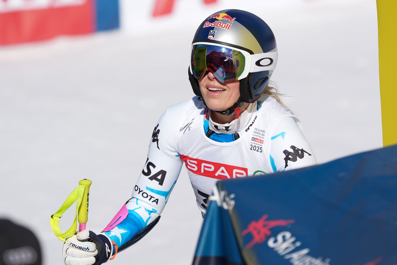 United States' Lindsey Vonn at the finish area after crashing during a women's Super-G, at the Alpine Ski World Championships, in Saalbach-Hinterglemm, Austria, Thursday, Feb. 6, 2025. (AP Photo/Giovanni Auletta)