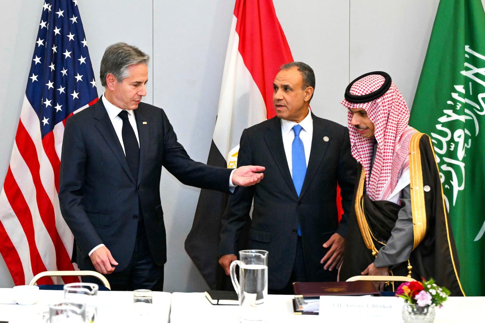 From left : US Secretary of State Antony Blinken, Egypt's Foreign Minister Badr Abdelatty and Foreign Minister of Saudi Arabia Faisal bin Farhan Al-Saud attend a working session at the G7 Foreign Ministers meeting in Fiuggi, Italy, Monday, Nov. 25, 2024. (Andreas Solaro/Pool Photo via AP)