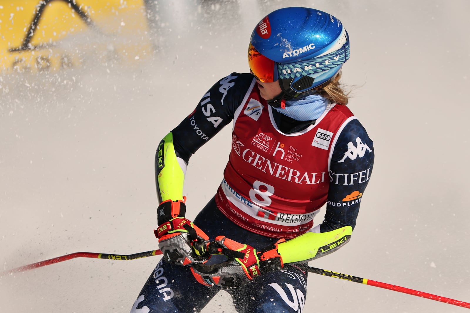 United States' Mikaela Shiffrin gets to the finish area after completing an alpine ski, women's World Cup giant slalom, in Sestriere, Italy, Friday, Feb. 21, 2025. (AP Photo/Marco Tacca)