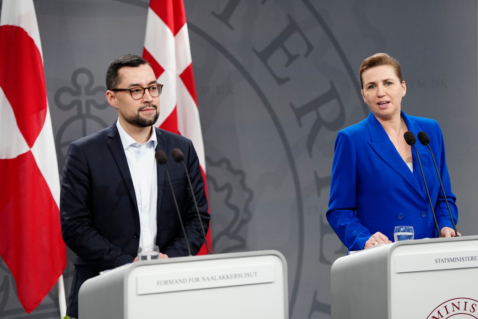 Danish Prime Minister Mette Frederiksen and her Greenland's counterpart Mute B. Egede, left, meet the media in the Mirror Hall at the Prime Minister's Office, at Christiansborg in Copenhagen, Friday, Jan. 10, 2025. (Mads Claus Rasmussen/Ritzau Scanpix via AP)