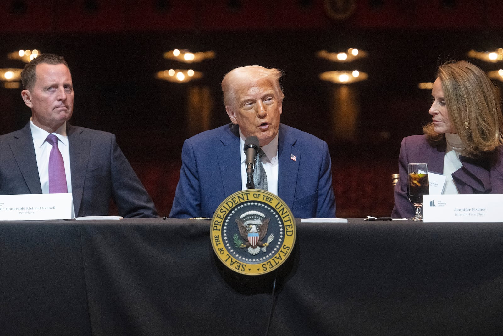 President Donald Trump attends a board meeting at the John F. Kennedy Center for the Performing Arts in Washington, Monday, March 17, 2025. (Pool via AP)