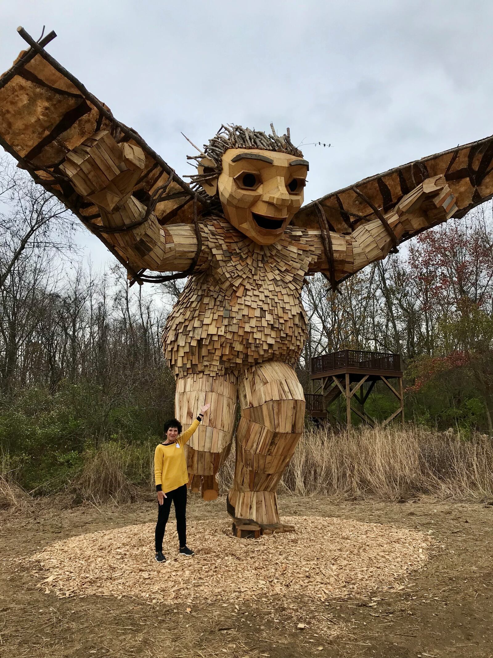 Barb Bayliff of Harrison Twp. sent us this photo of her with a new friend. Well, we think it’s friendly. She posed for this photo on Nov. 17 at the Aullwood Audubon Center and Farm, on the north edge of Dayton. Barb says, “The trolls have arrived! Stop at the center to pick up the map to discover their locations. Thomas Dambo, the creative artist from Denmark, used recycled items to build the giant sculptures!”