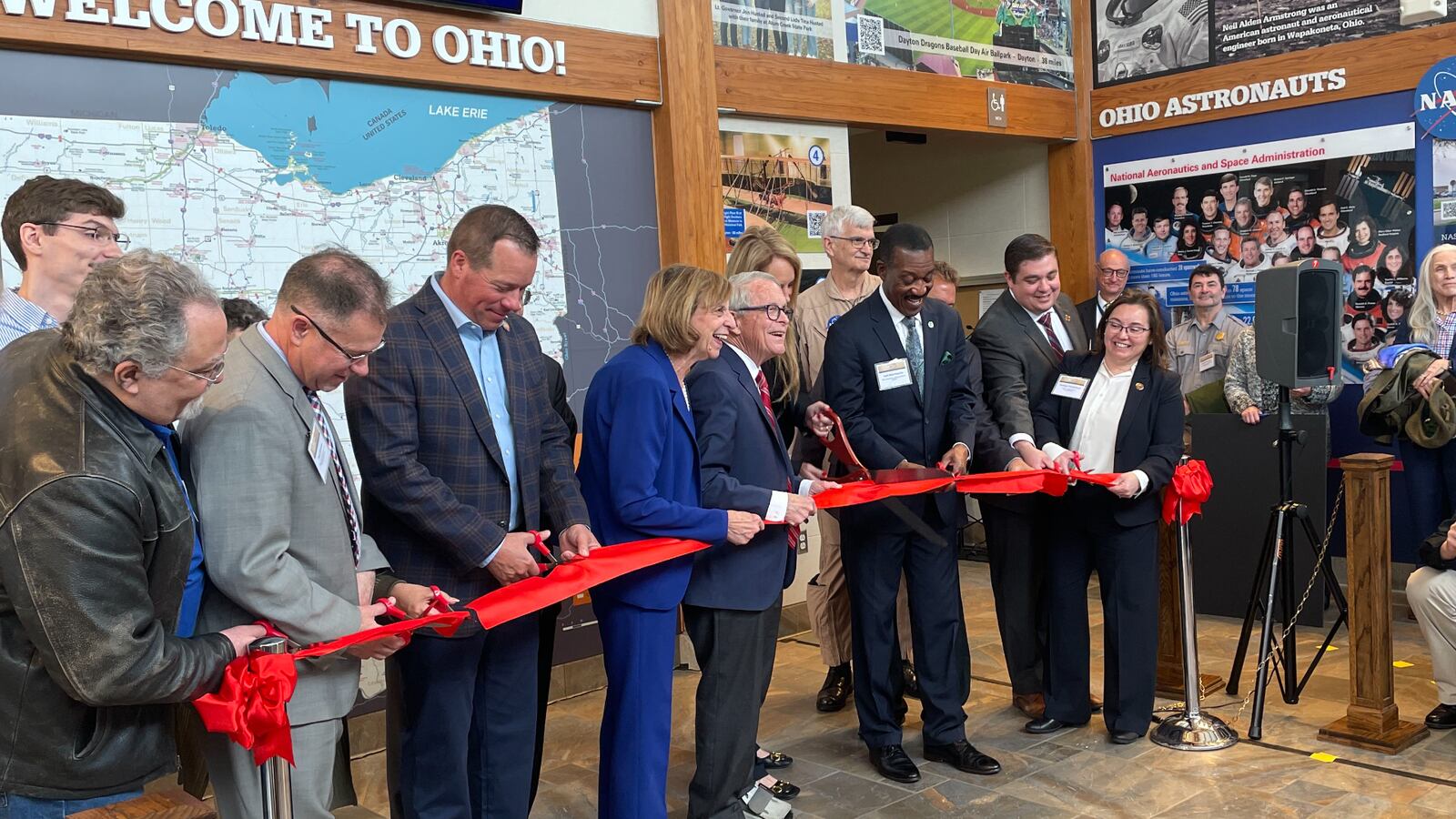 Ohio Governor Mike DeWine, First Lady Fran DeWine, Ohio Department of Transportation director Jack Marchbanks, and Ohio Department of Development director Lydia Mihalik unveiled the re-imagined Welcome Center on I-70 eastbound in Preble County and announced the plan to replace 33 rest area buildings over the next four years. SAMANTHA WILDOW\STAFF