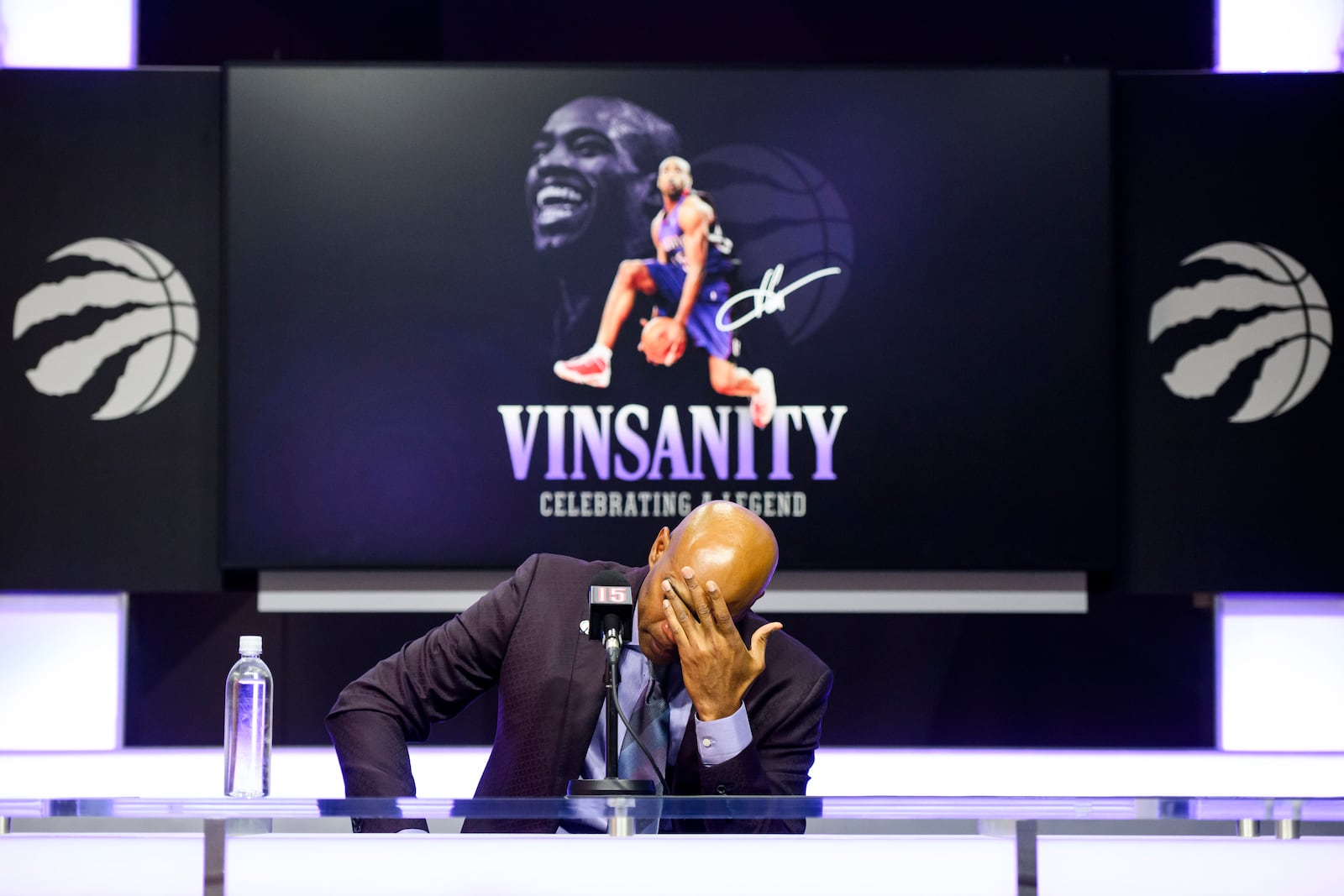 Former Toronto Raptors player Vince Carter speaks to media ahead of his number retirement, before an NBA basketball game between the Toronto Raptors and the Sacramento Kings at the Scotiabank arena in Toronto on Saturday, Nov. 2, 2024. (Christopher Katsarov/The Canadian Press via AP)