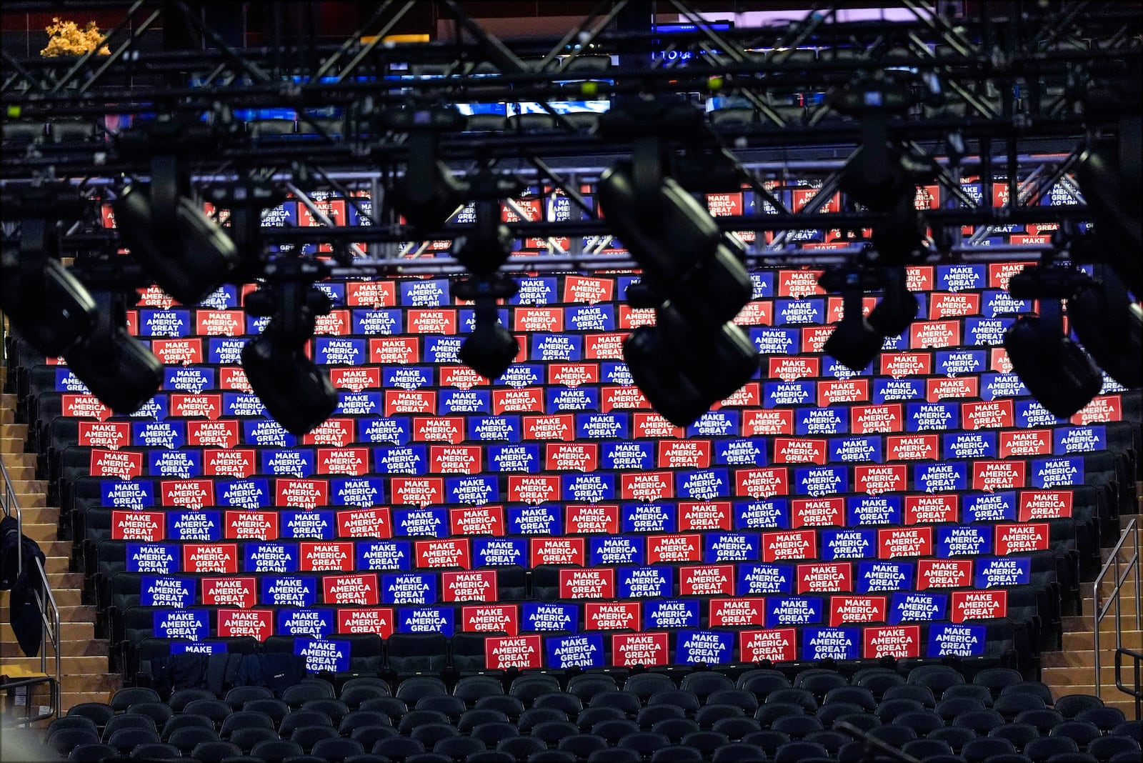 Signs in seats before Republican presidential nominee former President Donald Trump speaks at a campaign rally at Madison Square Garden, Sunday, Oct. 27, 2024, in New York. (AP Photo/Julia Demaree Nikhinson)