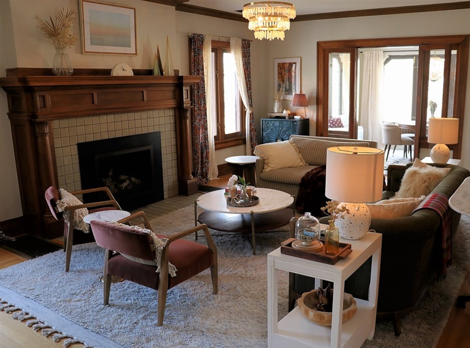 The home features original Rookwood tile surrounding the four fireplaces.