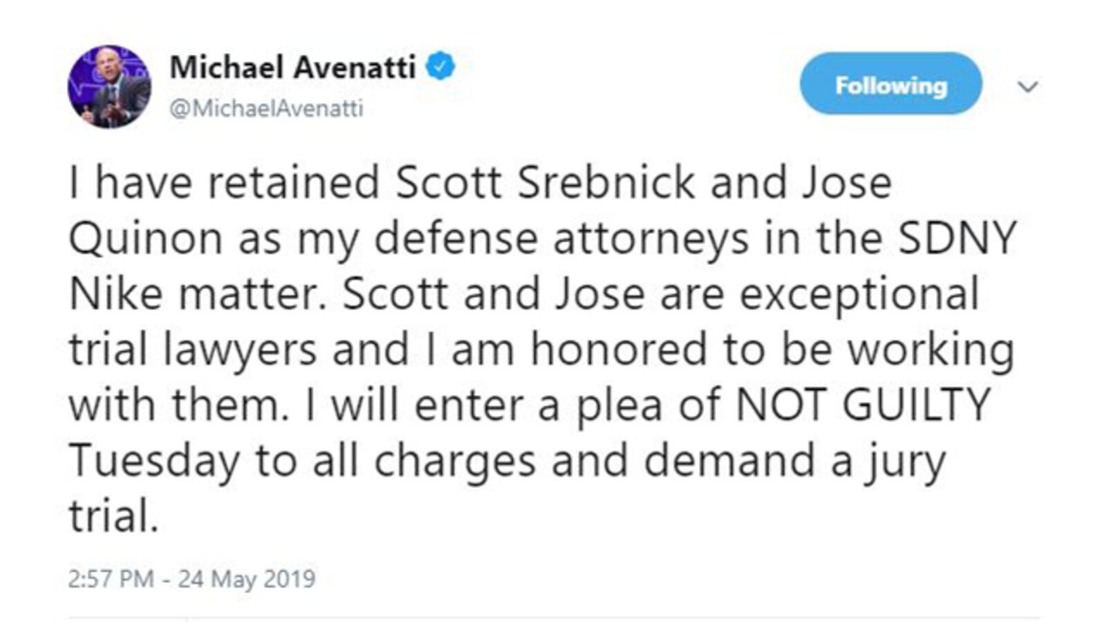 Attorney Michael Avenatti said in a tweet posted Friday, May 24, 2019, that he planned to plead guilty to a slew of charges in federal court on Tuesday, May 28, 2019.