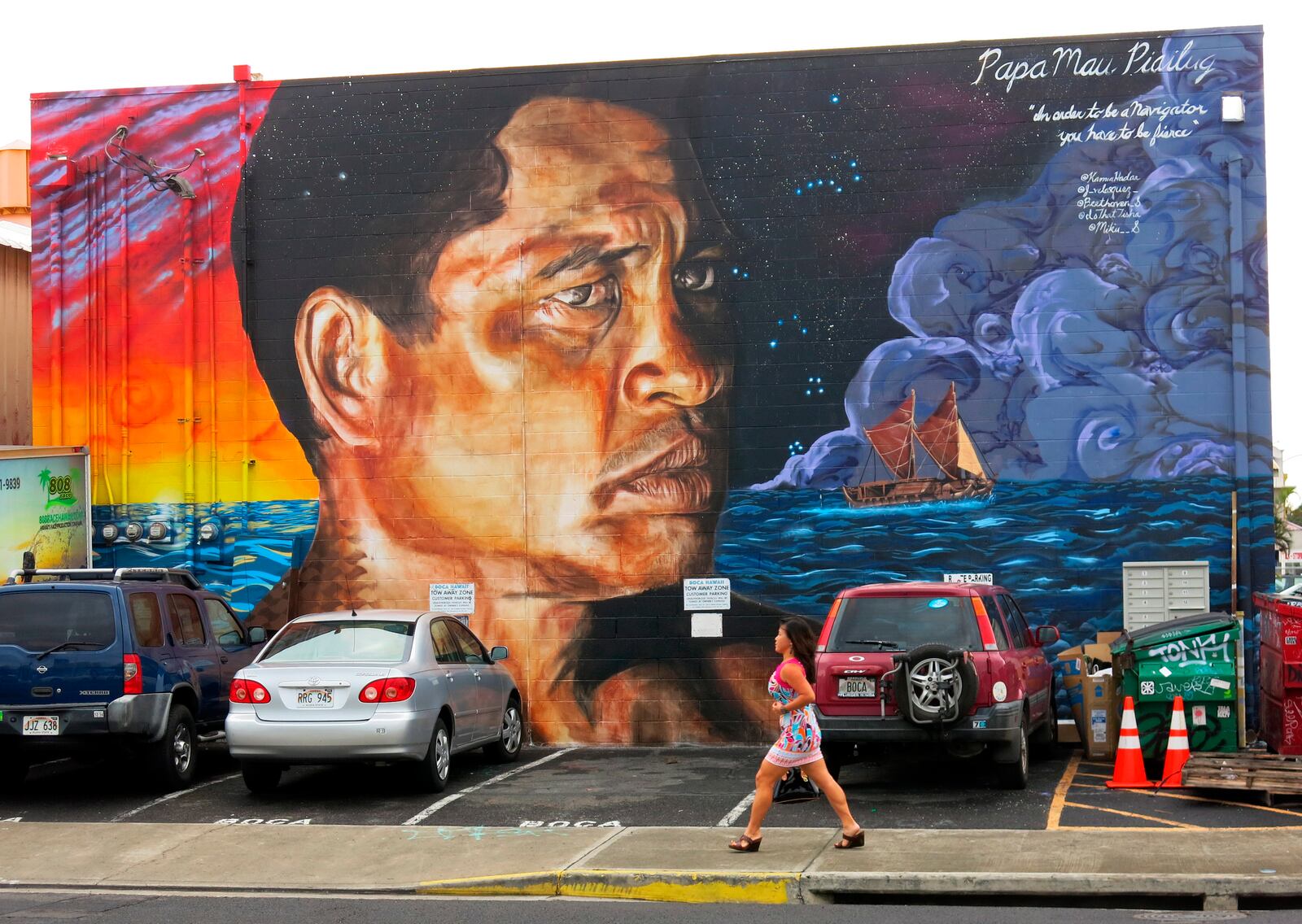 FILE - A mural of navigator Pius "Mau" Piailug of Satawal in Micronesia is seen on a building in Honolulu's Kakaako neighborhood, May 9, 2014. (AP Photo/Sam Eifling, File)