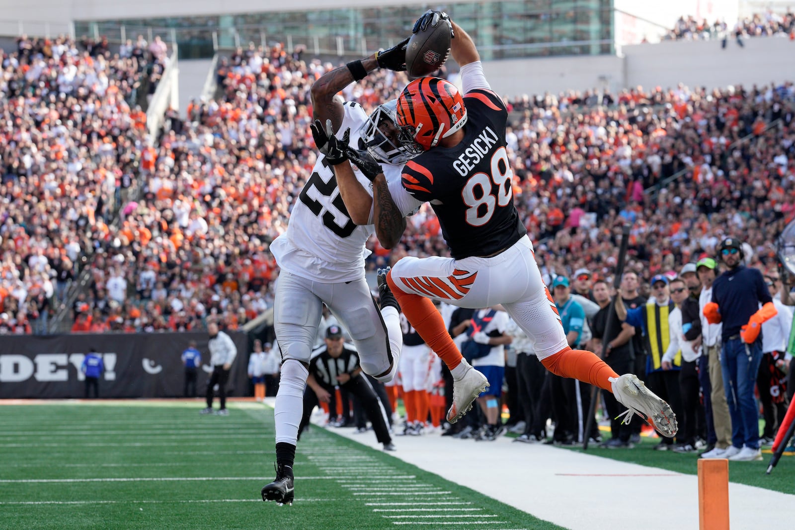 Cincinnati Bengals tight end Mike Gesicki (88) cannot catch a pass in bounds while being defended by Las Vegas Raiders cornerback Decamerion Richardson during the first half of an NFL football game in Cincinnati, Sunday, Nov. 3, 2024. (AP Photo/Jeff Dean)