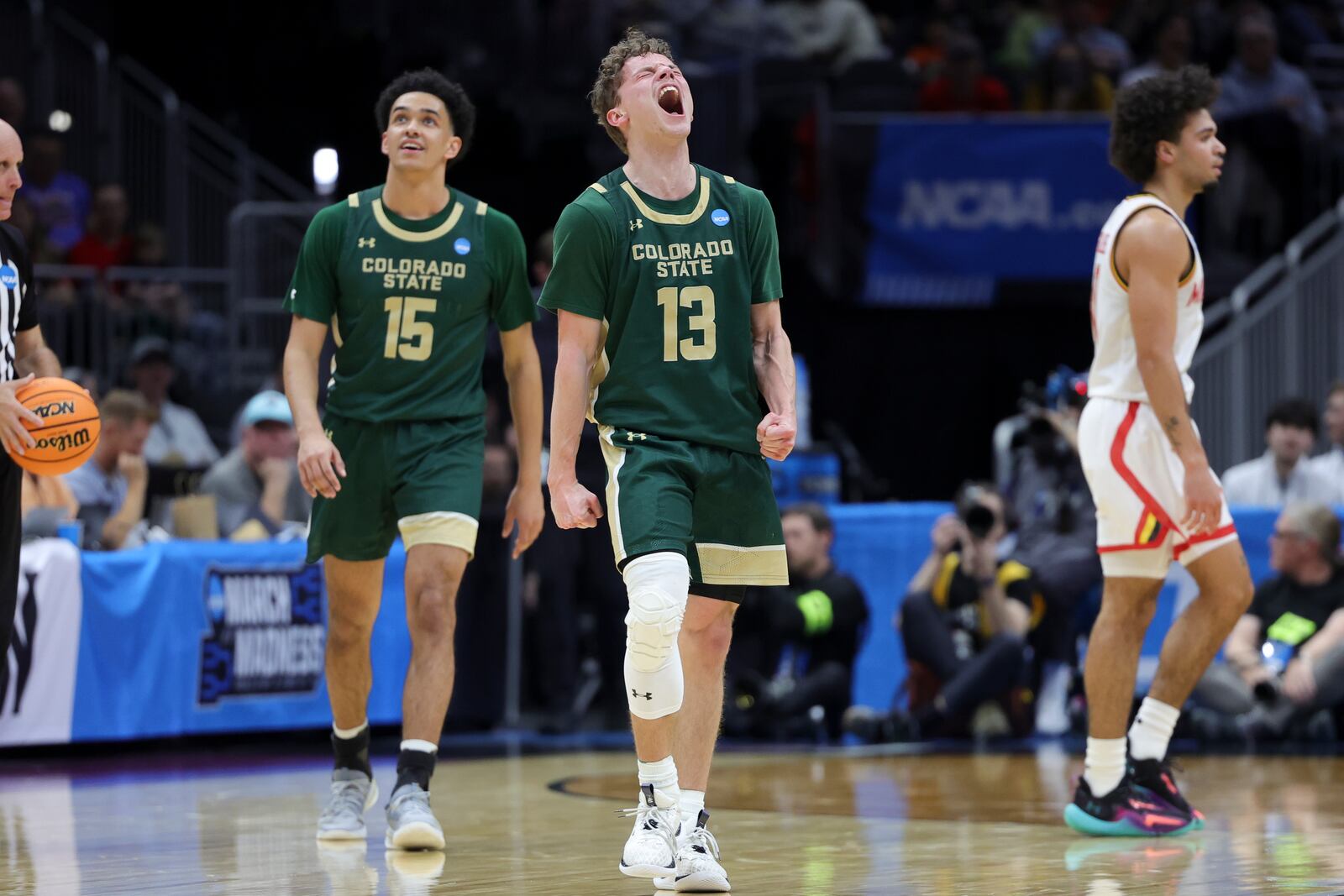 Colorado State guard Bowen Born reacts against Maryland during the second half in the second round of the NCAA college basketball tournament, Sunday, March 23, 2025, in Seattle. (AP Photo/Ryan Sun)