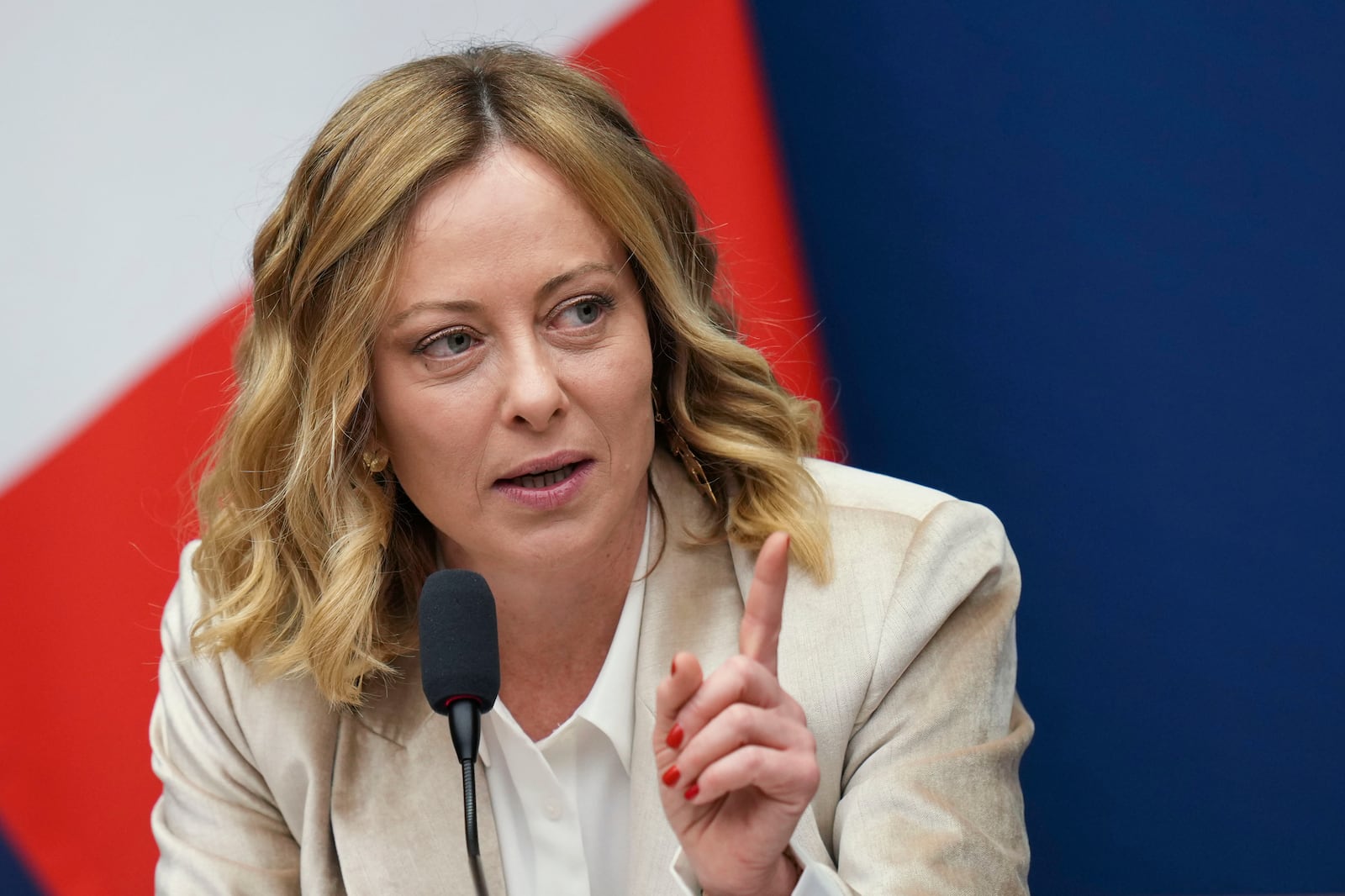 Italian Premier Giorgia Meloni holds the 2024 year-end press conference, in Rome, Thursday, Jan. 9, 2025. (AP Photo/Alessandra Tarantino)