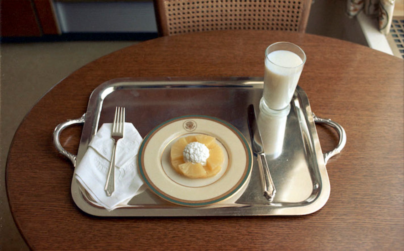 In an image provided by the National Archives, cottage cheese and pineapple, President Richard Nixon's last lunch at the White House in Washington, Aug. 8, 1974. After languishing in yogurt's shadow for decades, cottage cheese is back, sporting new flavors and small-batch appeal. (U.S. National Archives/The New York Times) -- FOR EDITORIAL USE ONLY --