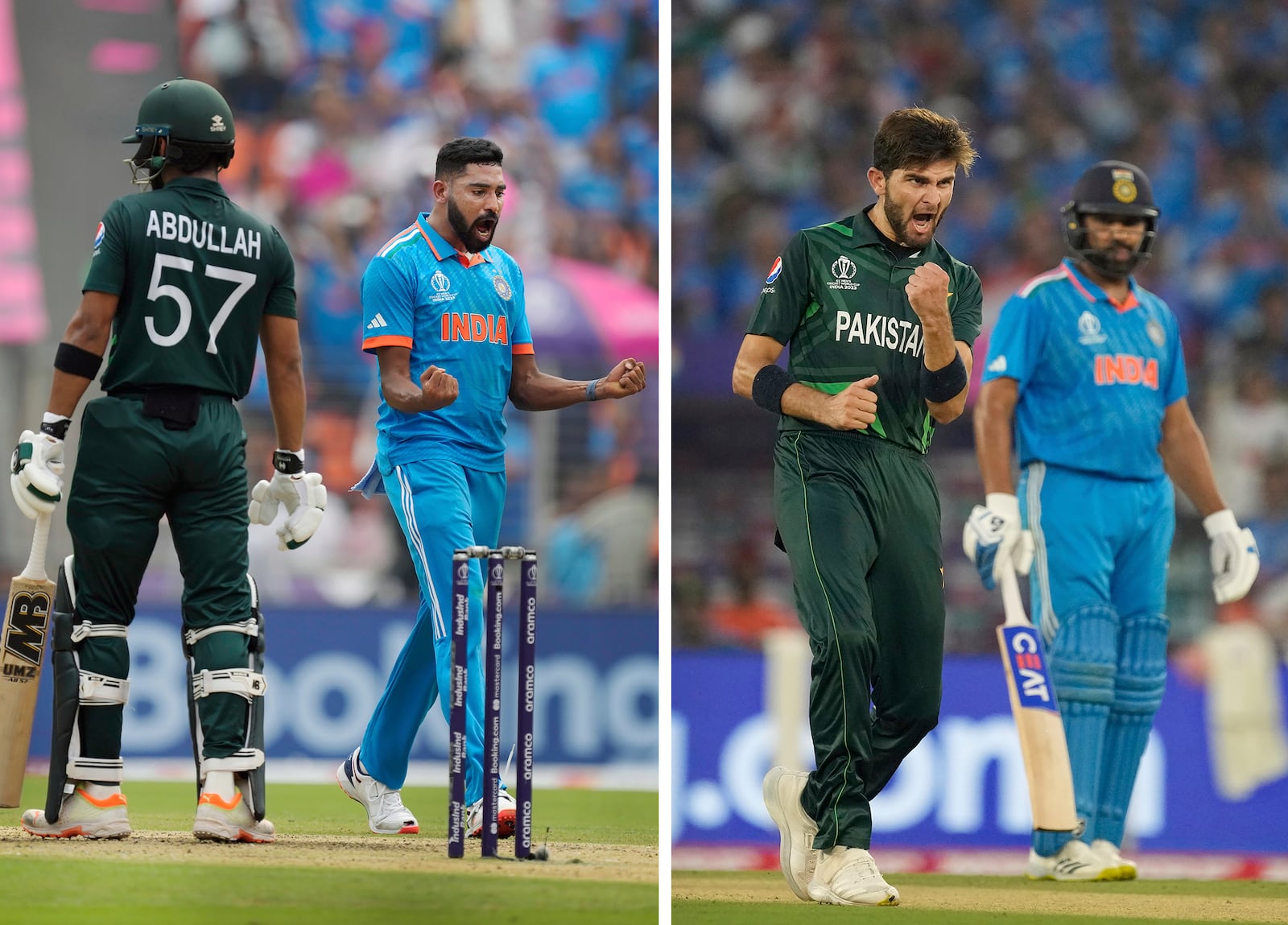 In this combo photographs on left, India's Mohammed Siraj celebrates the wicket of Pakistan's Abdullah Shafique, and on right, Pakistan's Shaheen Afridi celebrates the wicket of India's Shubman Gill, during the ICC Men's Cricket World Cup match between India and Pakistan in Ahmedabad, India, Oct. 14, 2023. (AP Photo/Ajit Solanki, File)