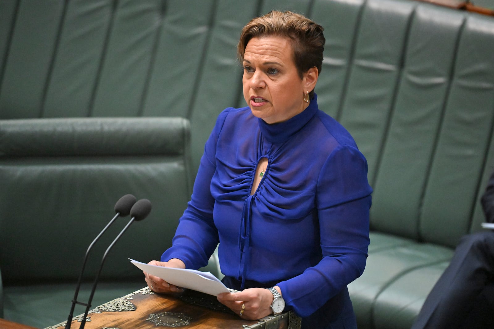 Australia's Minister for Communications, Michelle Rowland, introduces the Online Safety Amendment Bill in the House of Representatives at Parliament House in Canberra, Thursday, Nov. 21, 2024. (Mick Tsikas/AAP Image via AP)/AAP Image via AP)