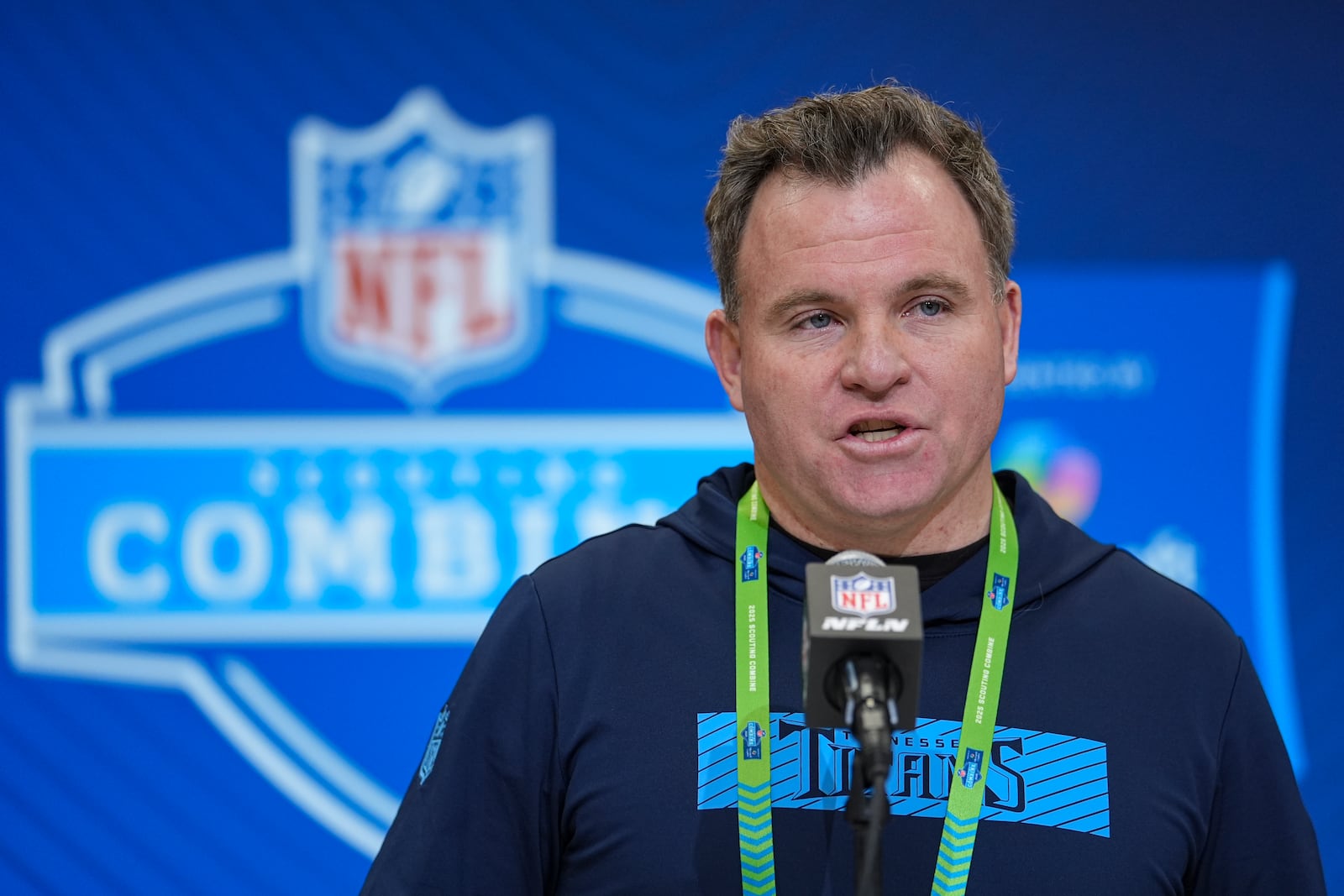 Tennessee Titans general manager Mike Borgonzi speaks during a press conference at the NFL football scouting combine in Indianapolis, Tuesday, Feb. 25, 2025. (AP Photo/Michael Conroy)