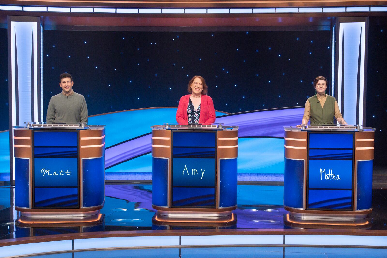 JEOPARDY! MASTERS - ÒGames 7 & 8Ó - The quarterfinals of the ÒJeopardy! MastersÓ tournament continue as Amy Schneider, James Holzhauer, Matt Amodio, Mattea Roach, Victoria Groce and Yogesh Raut battle for the title and grand prize of $500,000. FRIDAY, MAY 10 (8:00-9:01 p.m. EDT) on ABC.  (Disney/Eric McCandless) 
MATT AMODIO, AMY SCHNEIDER, MATTEA ROACH