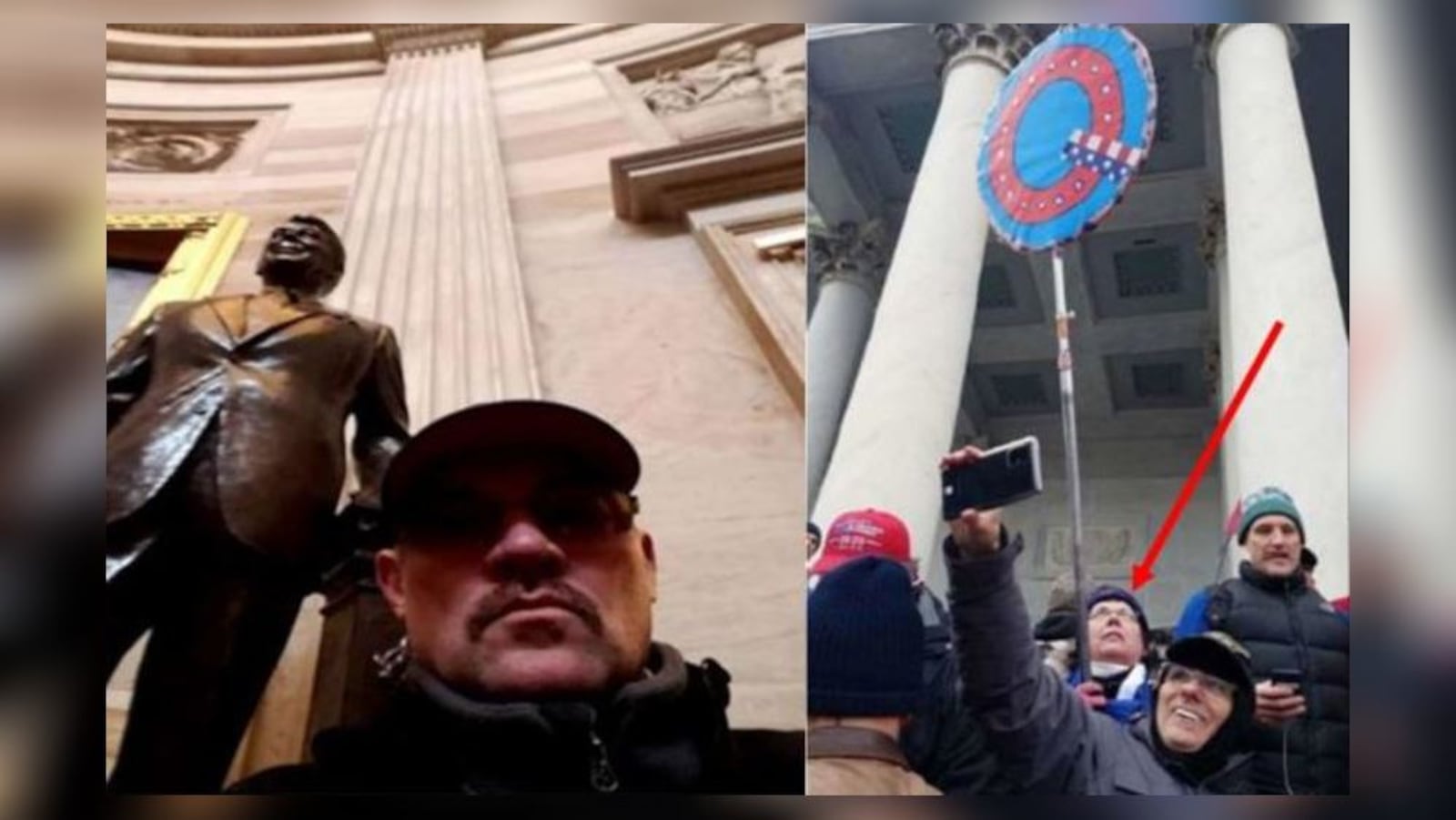 Jan. 6 U.S. Capitol riot: Walter Messer, left, is shown inside the U.S. Capitol and Therese Borgerding is shown on the Capitol steps holding a "Q" sign in images filed in U.S. District Court for the District of Columbia.