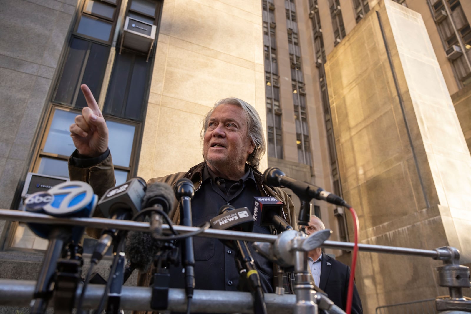 Steve Bannon speaks to the members of the media outside Manhattan criminal court in New York, Tuesday, Nov. 12, 2024. (AP Photo/Yuki Iwamura)