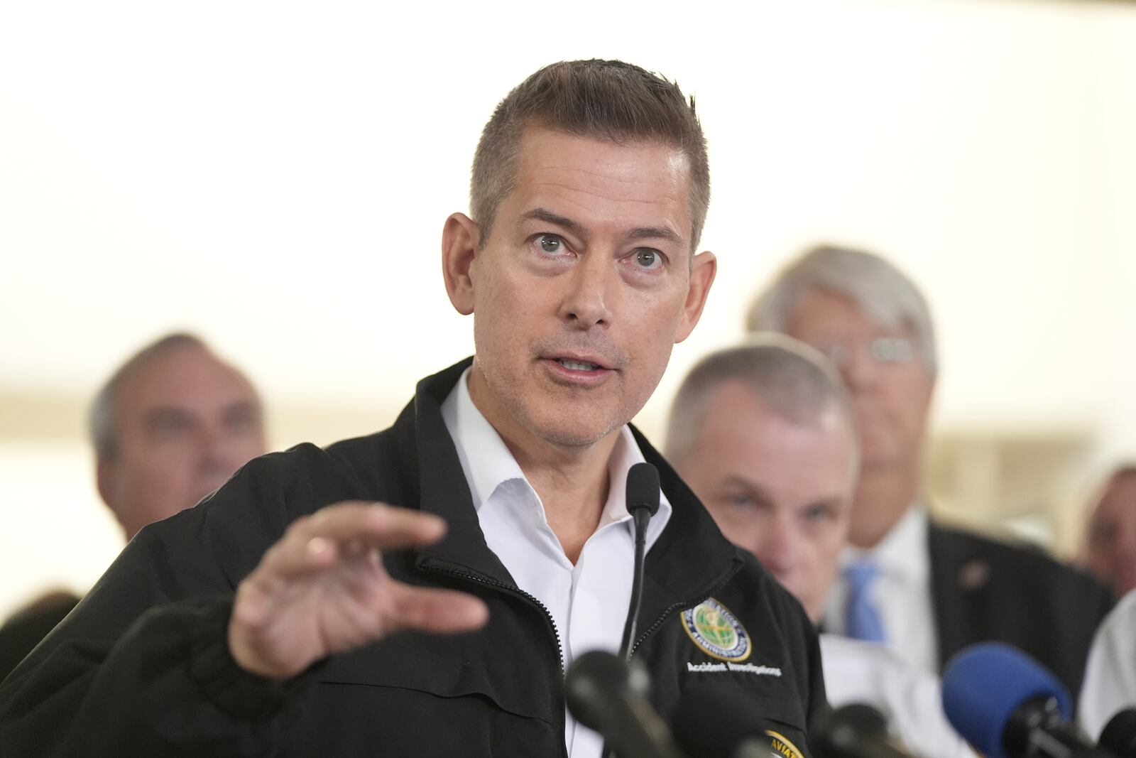 Transportation Secretary Sean Duffy speaks during a news conference at Ronald Reagan Washington National Airport, Thursday morning, Jan. 30, 2025, in Arlington, Va. (AP Photo/Mark Schiefelbein)