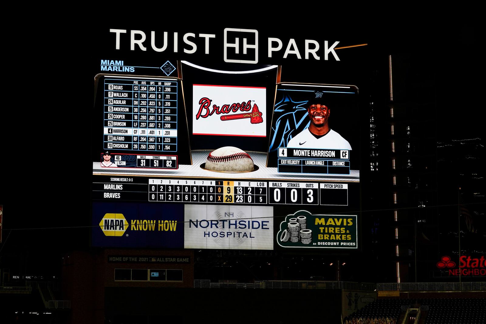 The scoreboard shows the final score in the Atlanta Braves' 29-9 win over the Miami Marlins in a baseball game Wednesday, Sept. 9, 2020, in Atlanta. (AP Photo/Brynn Anderson)