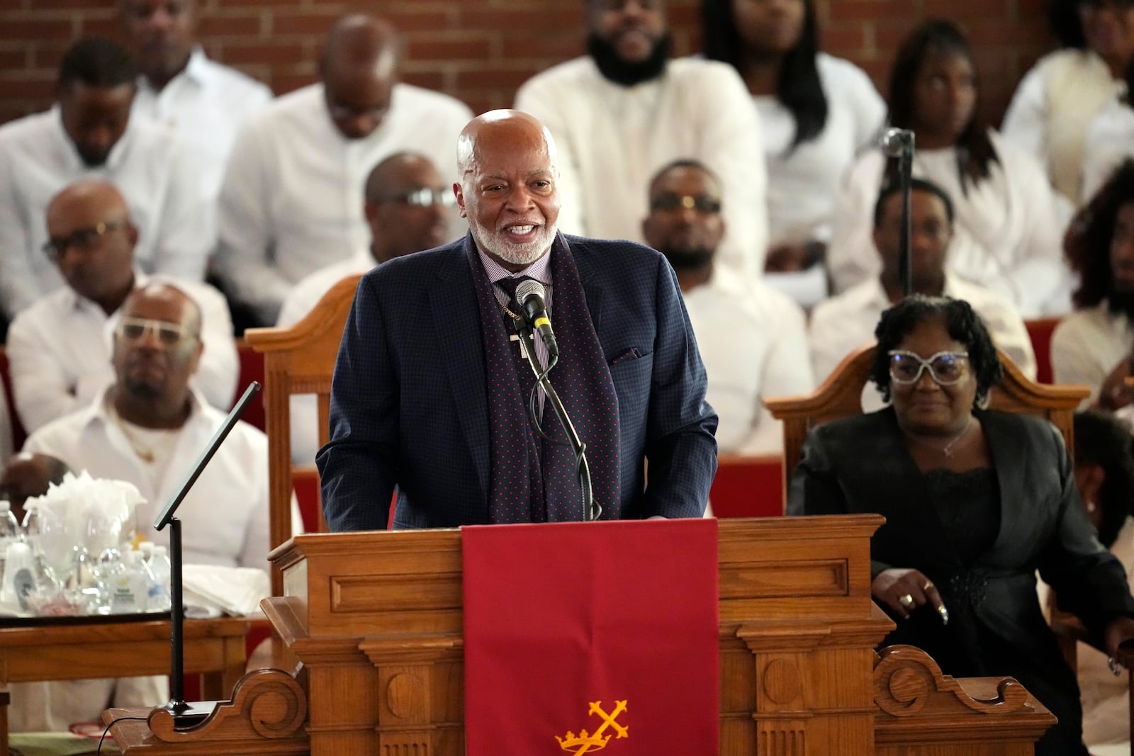 A. Curtis Farrow speaks during a ceremony celebrating the life of Cissy Houston on Thursday, Oct. 17, 2024, at the New Hope Baptist Church in Newark, N.J. (Photo by Charles Sykes/Invision/AP)