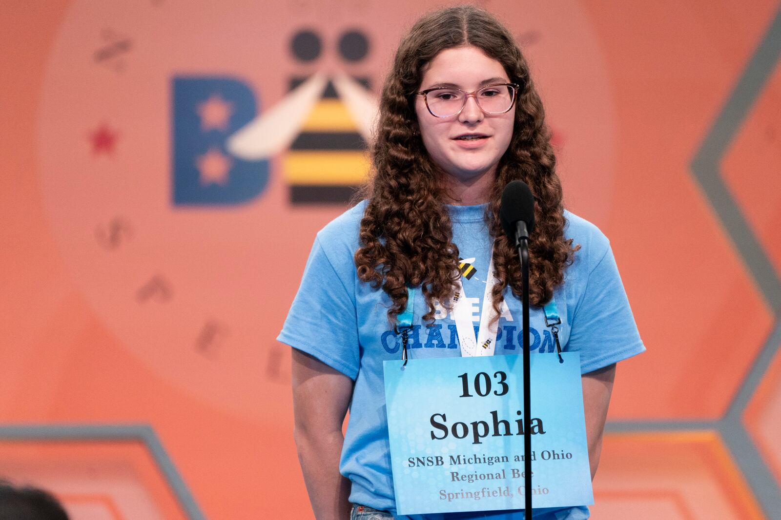 Sophia Lopez, 14, from Springfield, Ohio, competes during the Scripps National Spelling Bee, in Oxon Hill, Md., Tuesday, May 31, 2022. (AP Photo/Jacquelyn Martin)