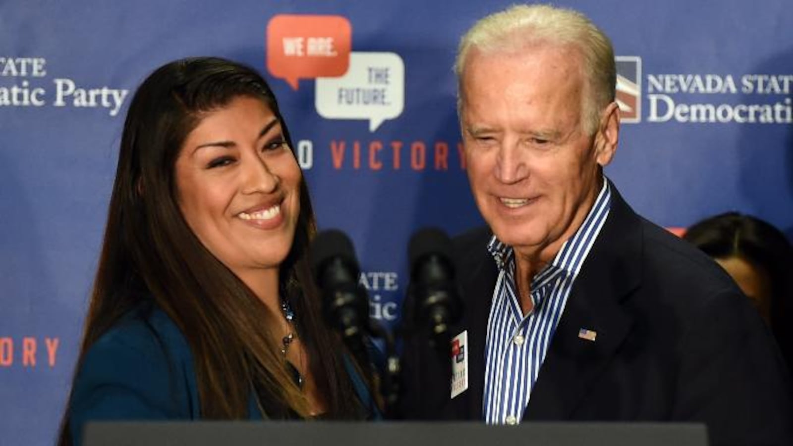 Then-Democratic candidate for lieutenant governor Lucy Flores introduces U.S. Vice President Joe Biden at a get-out-the-vote rally at a union hall on Nov. 1, 2014, in Las Vegas.