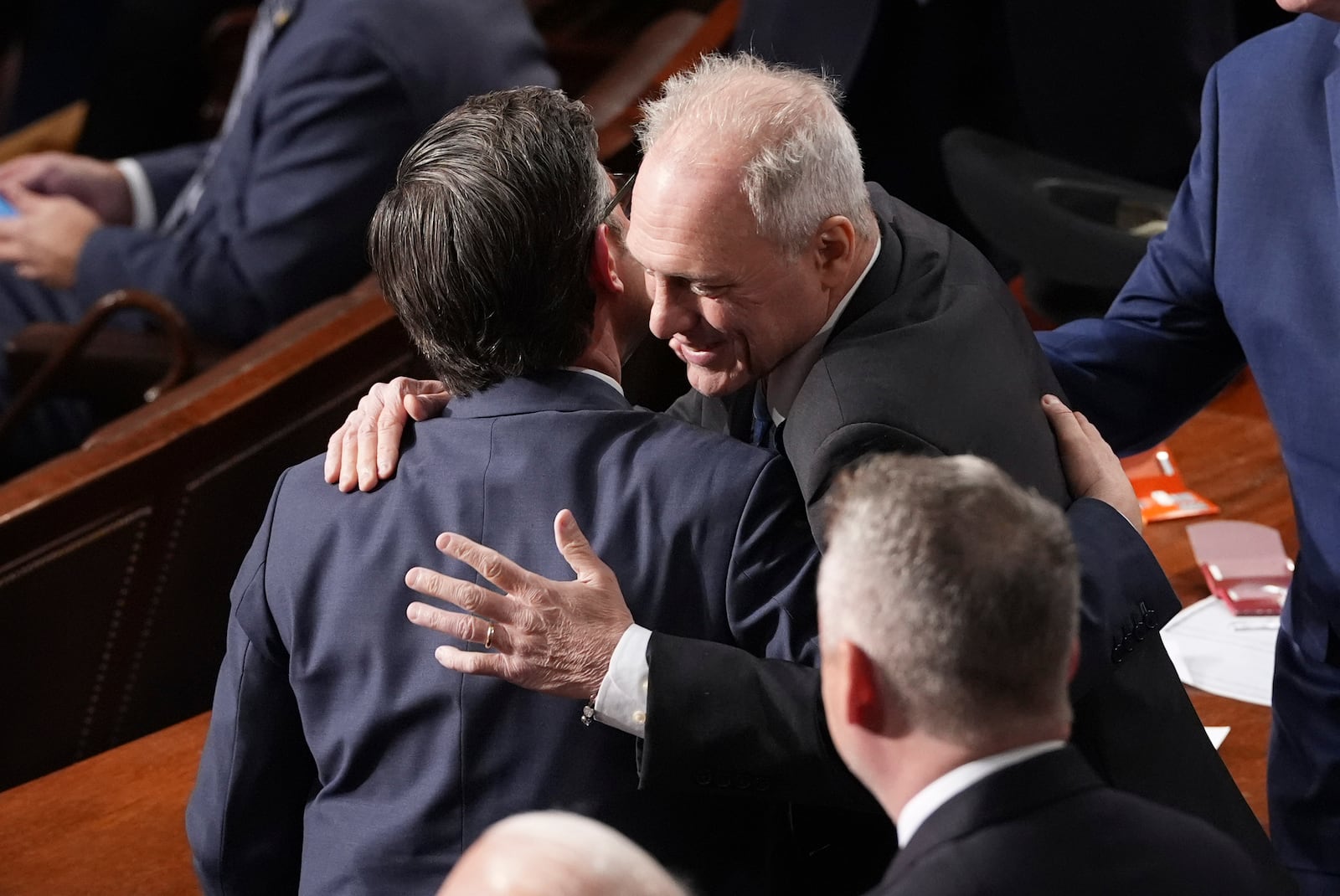 House Majority Leader Steve Scalise, R-La., right, congratulates House Speaker Mike Johnson, R-La., upon Johnson's re-election as the House of Representatives meets to elect a speaker and convene the new 119th Congress at the Capitol in Washington, Friday, Jan. 3, 2025. (AP Photo/Jacquelyn Martin)