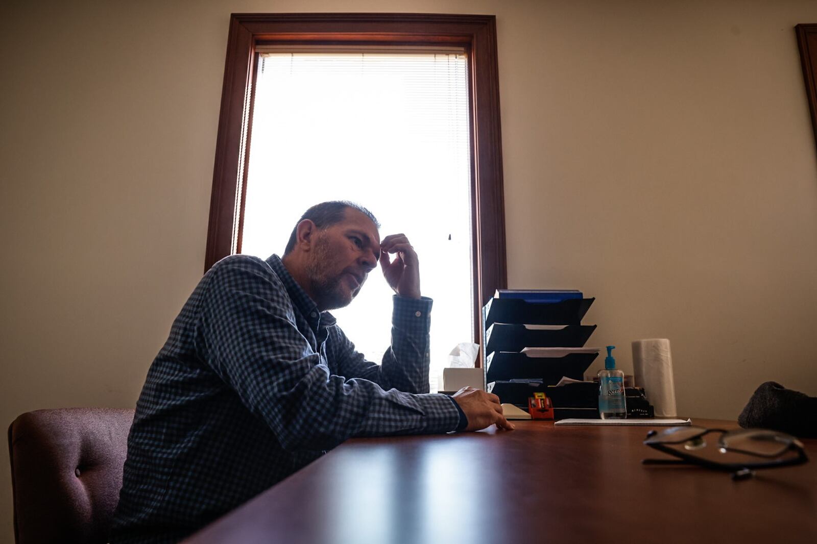 Clearcreek Police officer Eric Ney discusses the importance of faith and family after being shot across the face in the line of duty over the summer. JIM NOELKER/STAFF