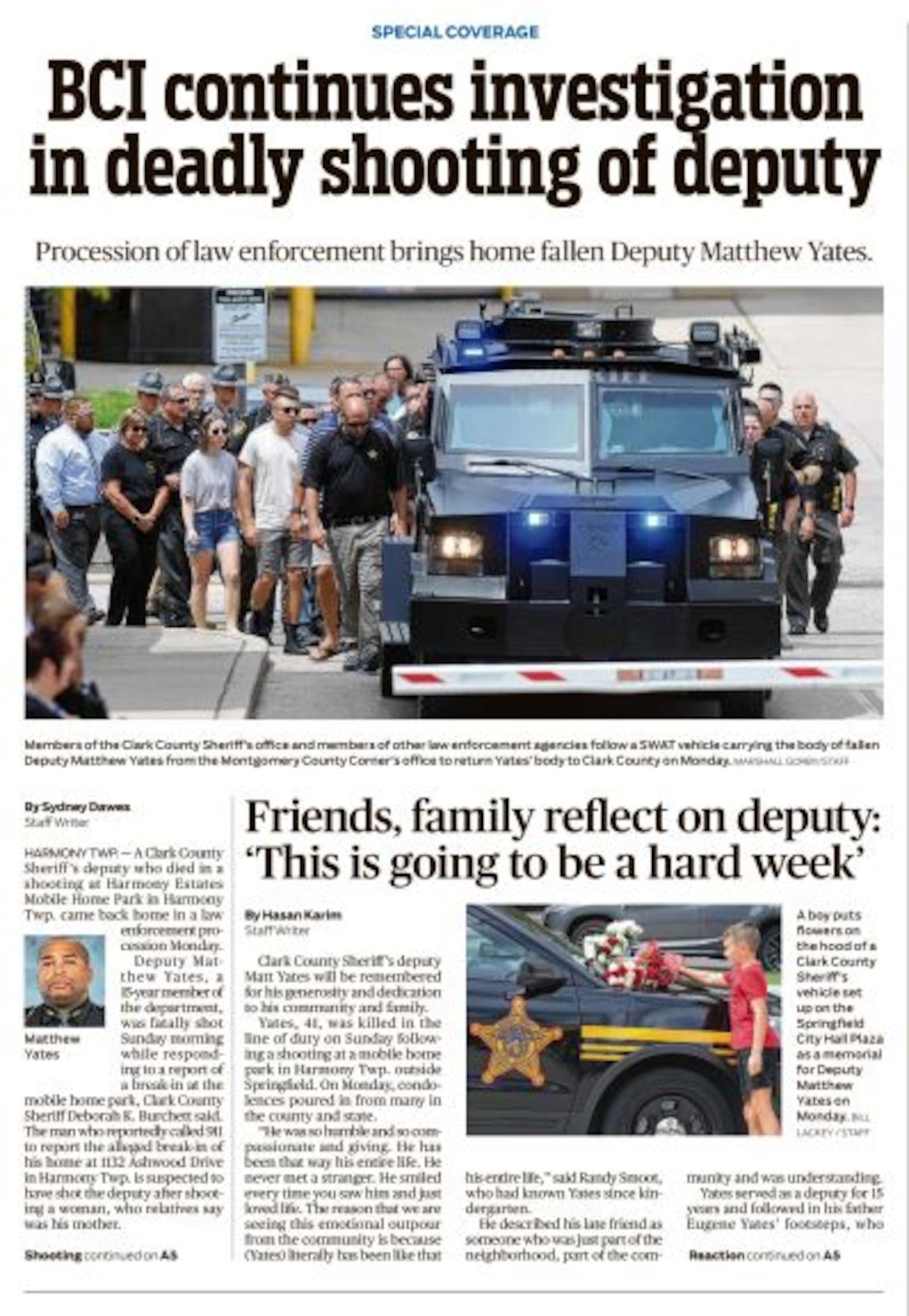 The front page of the Springfield News-Sun in the aftermath of the shooting death of Deputy Matthew Yates, who was killed July 24, 2022, in the line of duty.